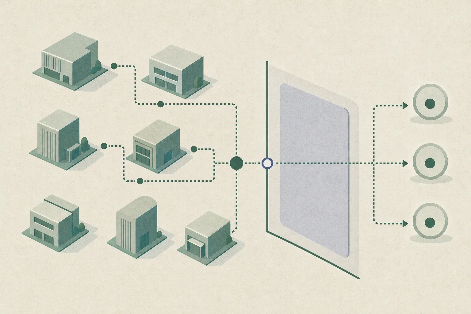 A flat diagram of seven simplified premise blocks linked by a thin inspection route to a central review point, beside a blank registration panel separated by a boundary line and three neutral referral markers, in muted blue, ochre and teal with subtle screen-print texture.