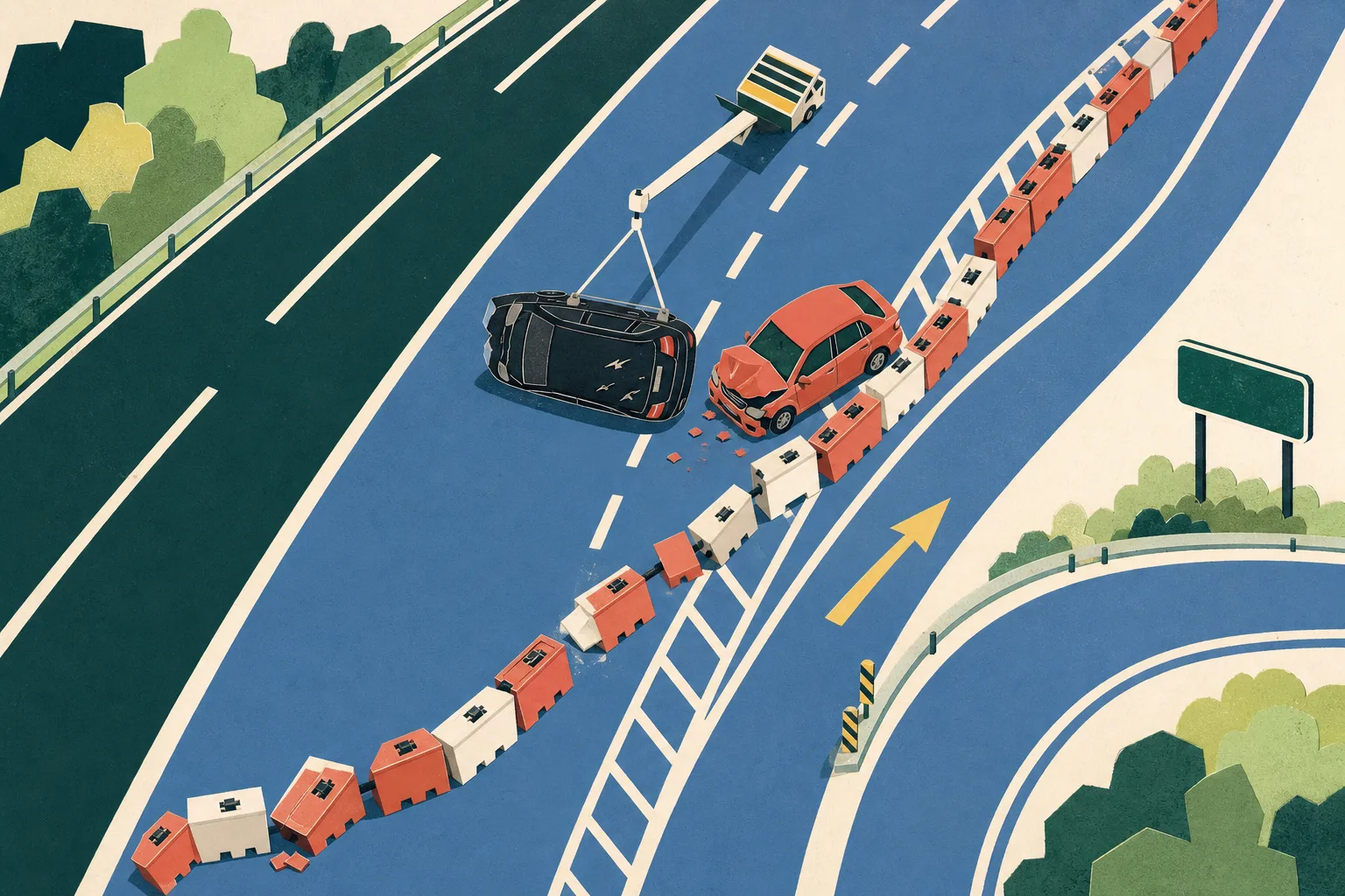 Top-down cut-paper illustration of a highway exit layout with a black car overturned beside a damaged red car and a broken line of construction water barriers, plus a simple tow-recovery mark.