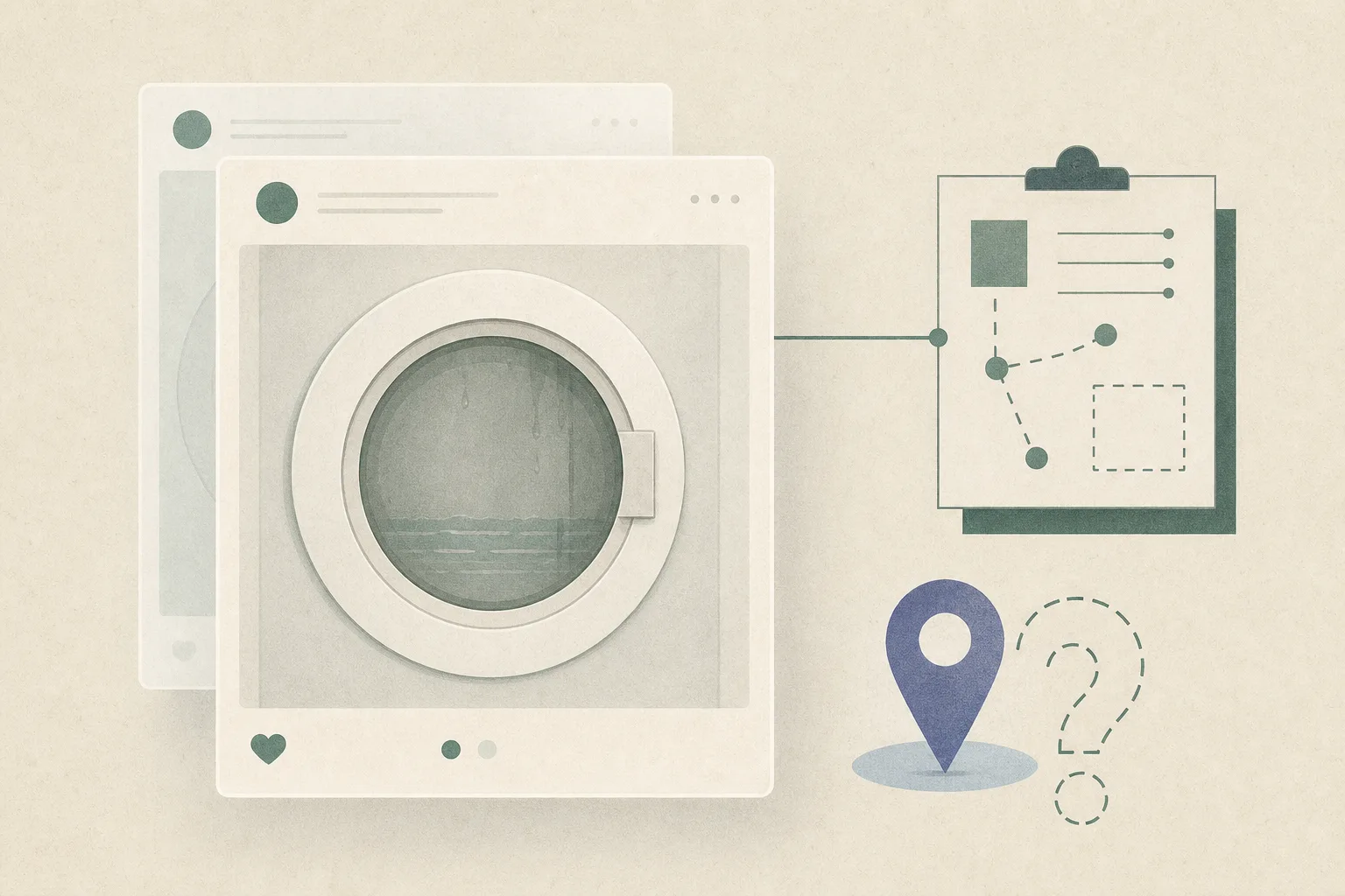 Abstract editorial illustration of an empty sealed washing-machine drum behind overlapping translucent social-media frames, with a detached evidence marker and an unassigned location symbol indicating an ongoing investigation and uncertain filming location.