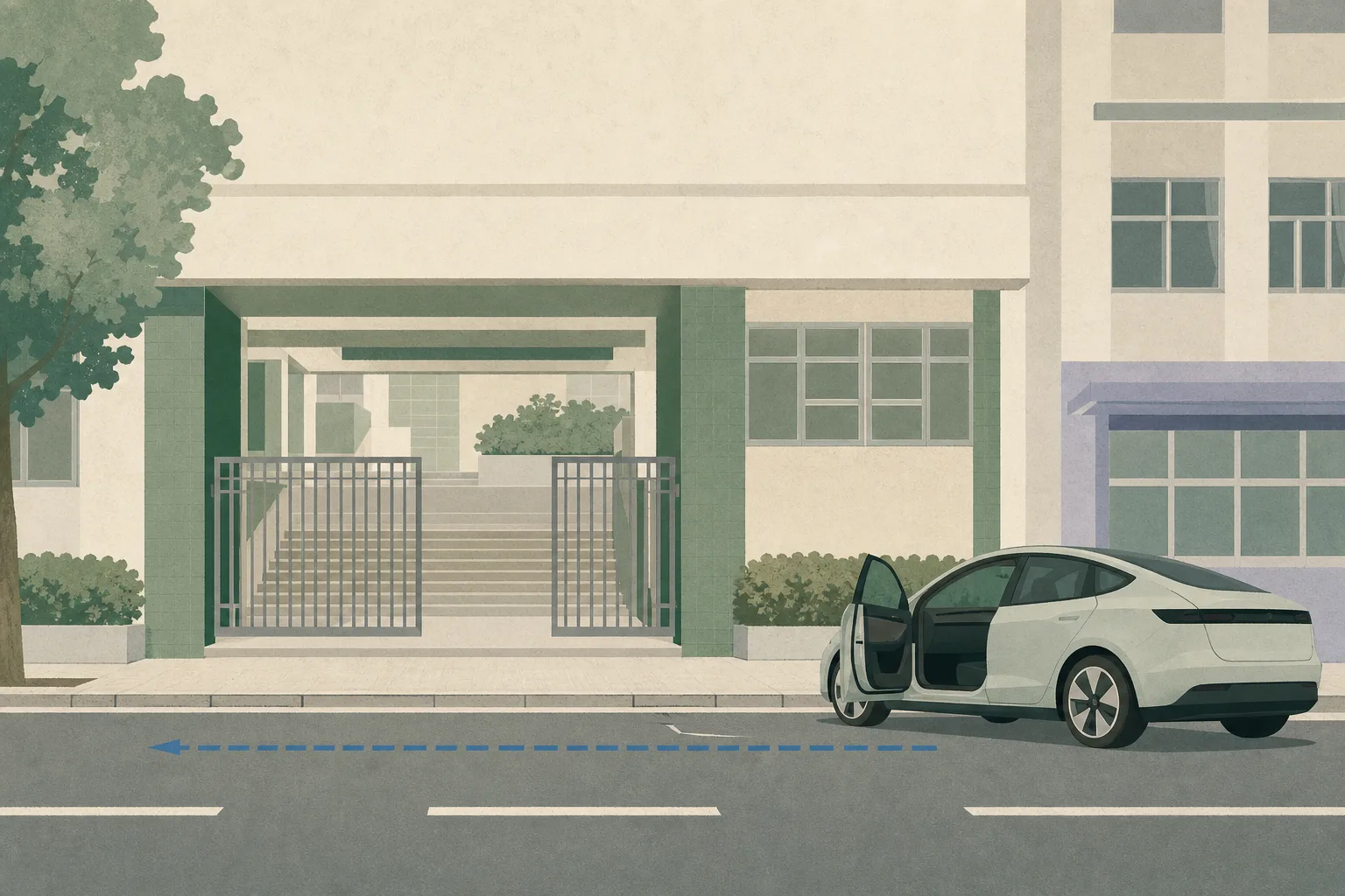 Flat cut-paper illustration of an unoccupied Hong Kong school entrance beside a simplified electric car, with a kerb, separated road bands and an interrupted path near the vehicle; no people or injuries are shown.