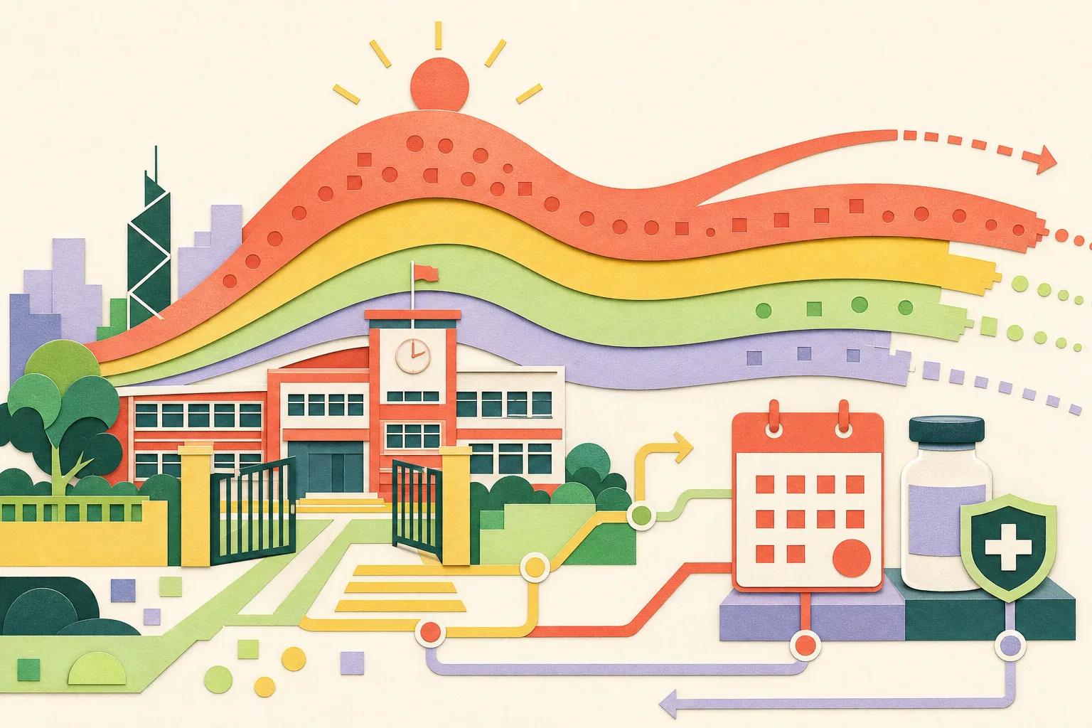 Cut-paper illustration of a Hong Kong school façade with open gates, layered activity bands cresting toward August, and a September 17 vaccination-programme tile with a simplified vial and geometric shield.