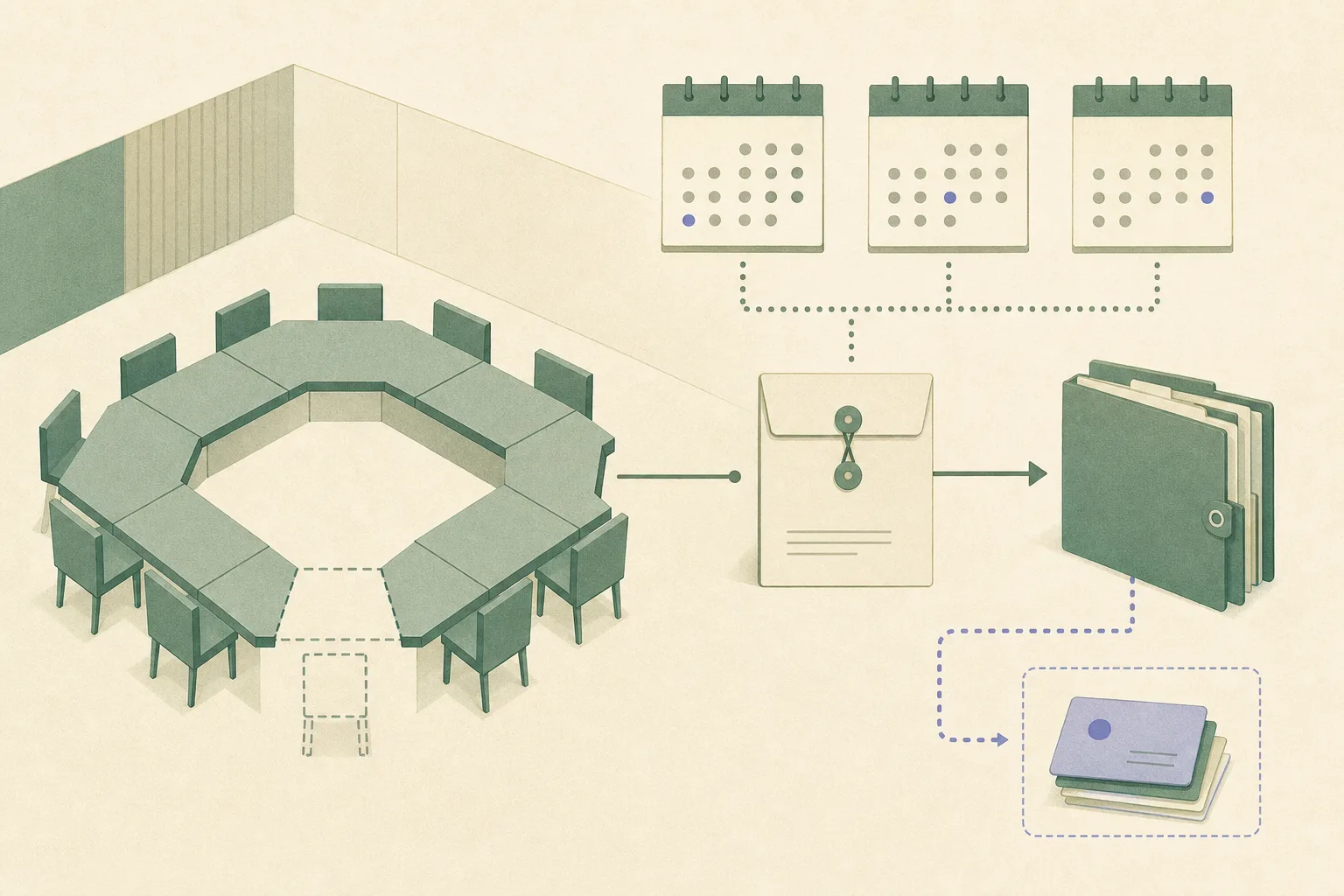 A cut-paper diagram of a simplified district-council meeting table with one unoccupied position, three dated calendar blocks, a sealed document envelope and a small stack of authorization cards enclosed behind a boundary line.