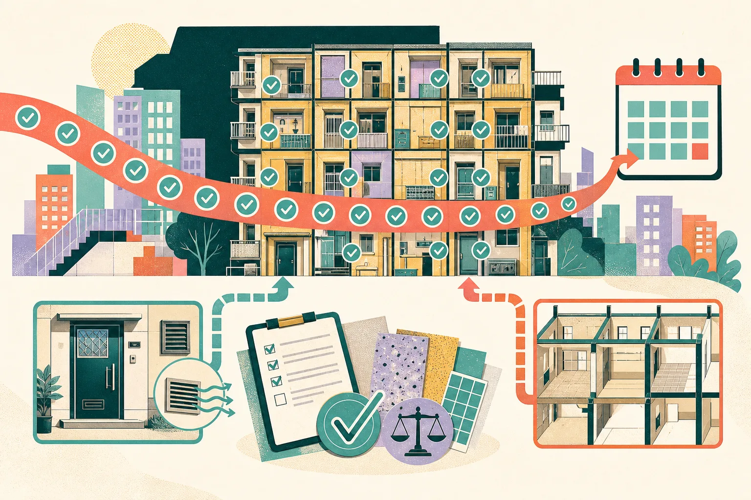 Flat cut-paper illustration of a modular Hong Kong residential building with registration markers, an August 31 calendar tile, small ventilation and door improvements, a reconfigured room grid, and abstract guidance materials.