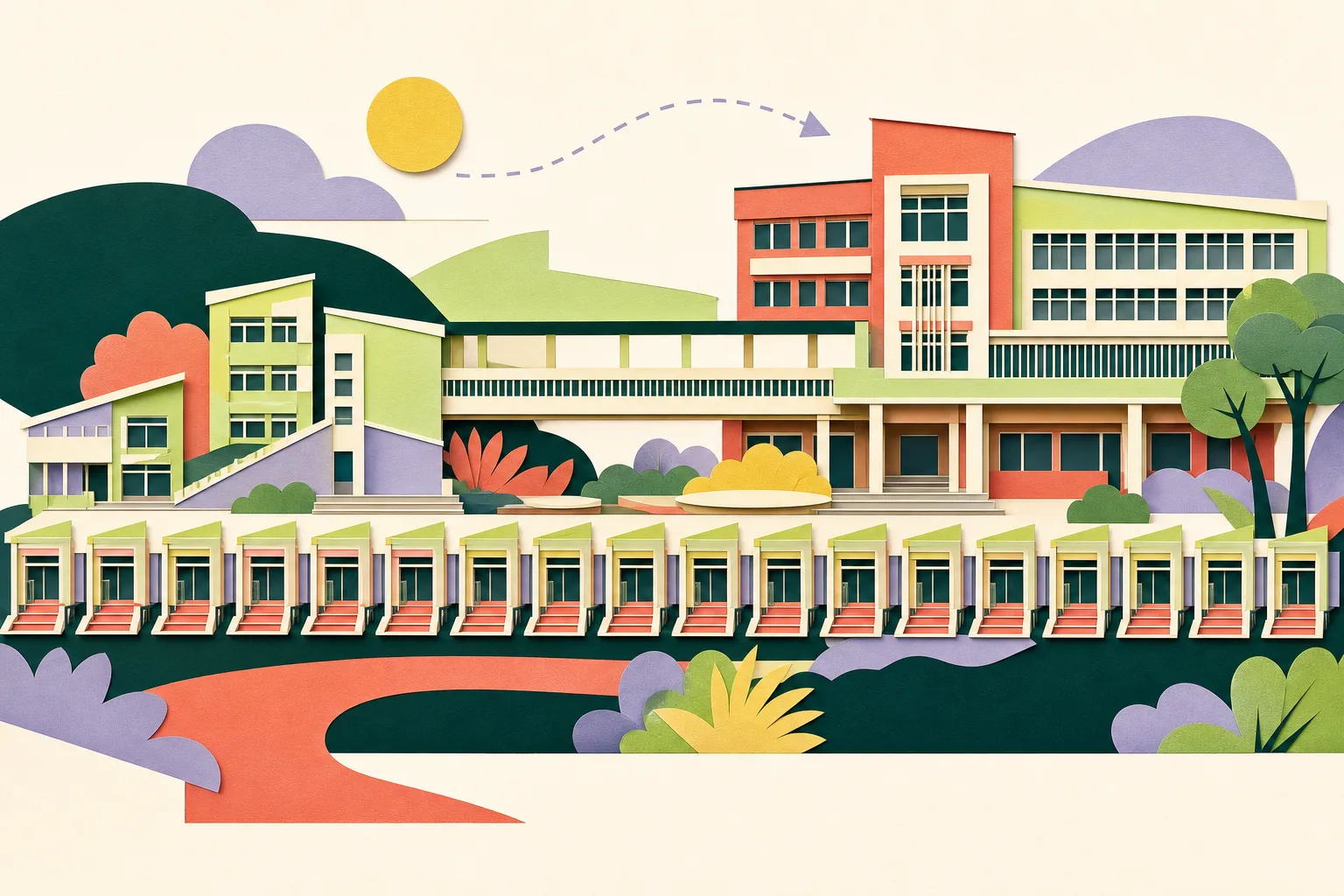 Cut-paper illustration of generic Hong Kong primary-school building modules, including fifteen unfilled entry bays and several connected blocks suggesting shared resources and gradual school adjustment; no people or identifiable school names are shown.