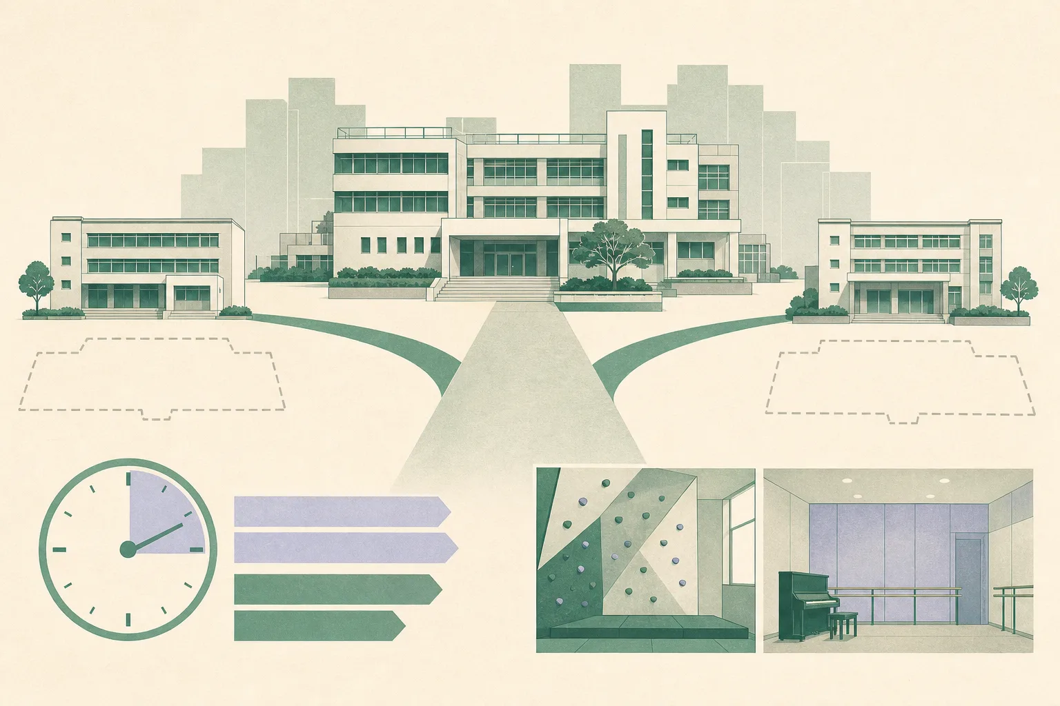 A cut-paper illustration of two separate school-building blocks leading along a broad path toward one renovated campus, with muted blue, grey and ochre architectural shapes and small abstract panels suggesting new activity rooms.