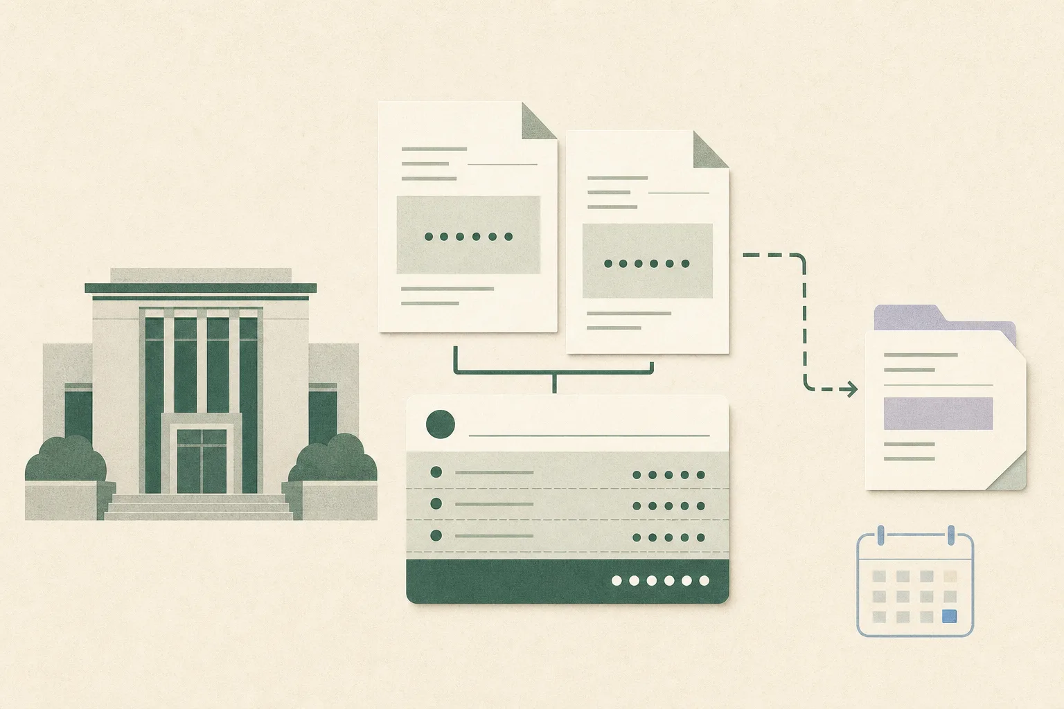 A flat geometric illustration of a magistrates’ court, two unmarked loan documents, a neutral bank ledger showing HK$331,300, and an interrupted line leading toward a District Court document tab.