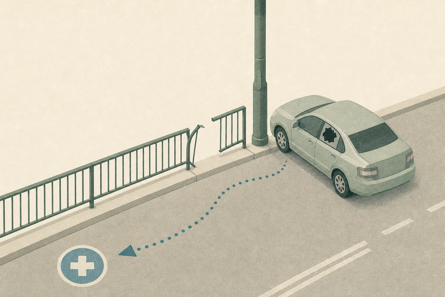 A flat cut-paper diagram of an empty urban roadside shows a disrupted railing, a vertical pole and a simplified car form stopped beside it, with a restrained route line leading away from the scene.