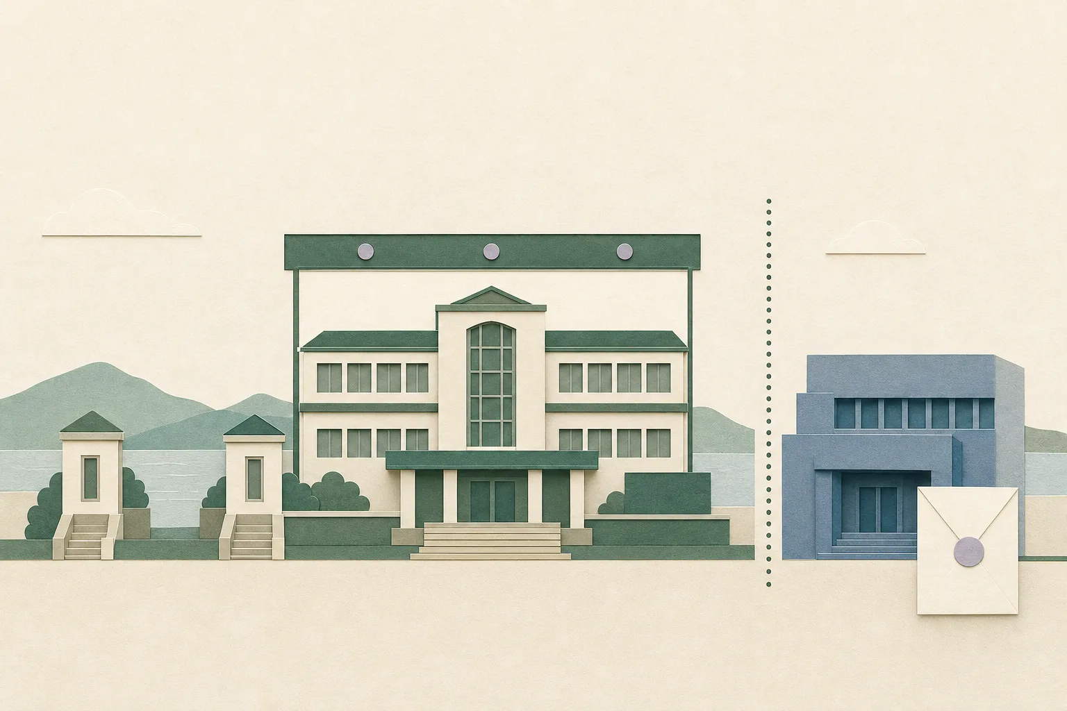 A flat cut-paper illustration of a simplified school building with two small campus markers and a connected governance band, beside a separate institutional block divided by a clean gap and a blank sealed document.