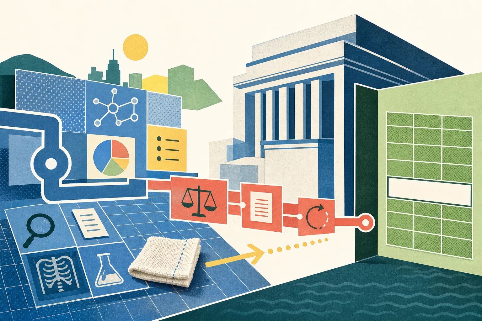 Abstract cut-paper illustration of a blue evidence grid and medical register panel beside a simplified courthouse form, with a coral appeal route ending at a closed boundary and a small folded fabric square nearby.