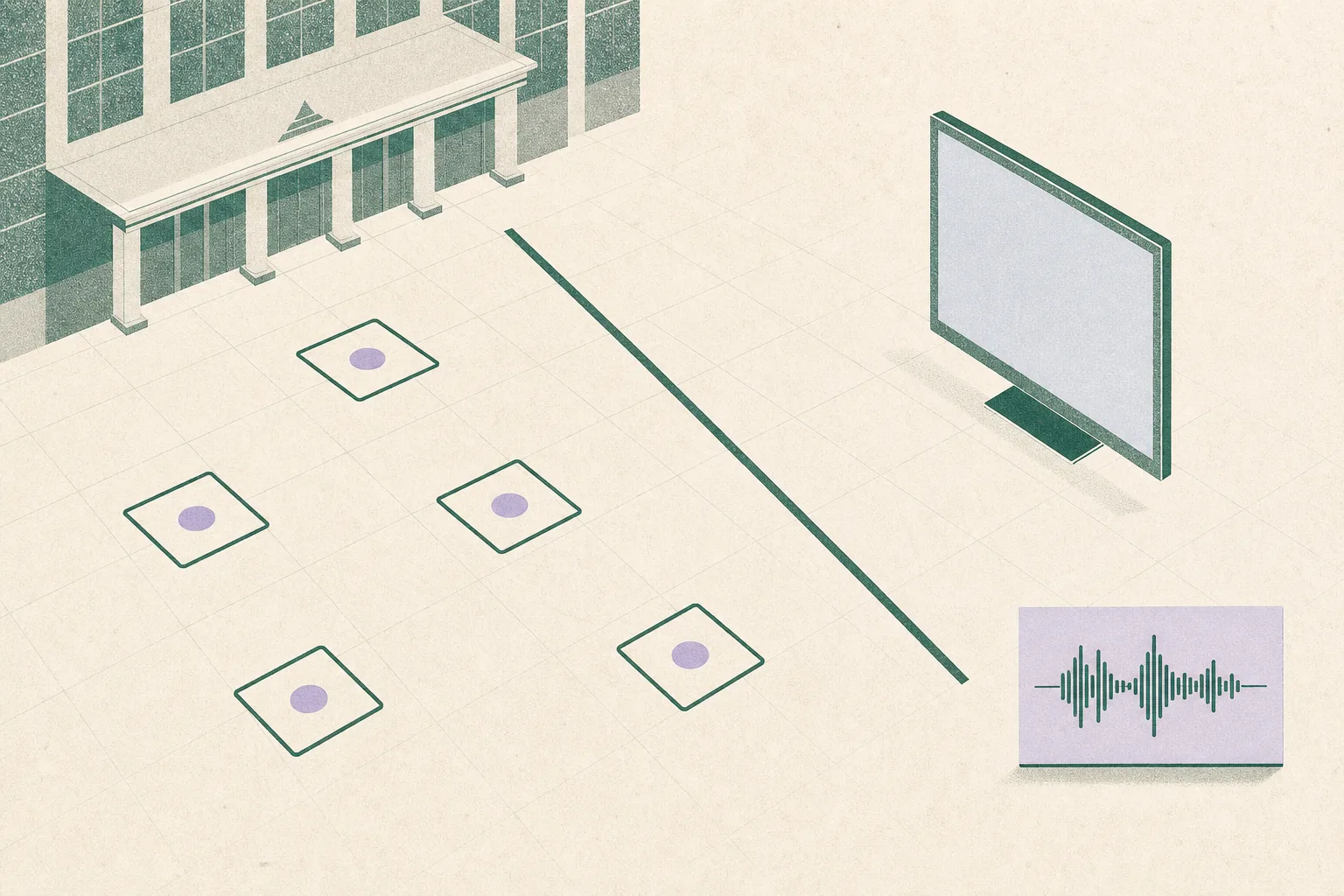 An abstract courtroom floor grid contains five unfilled case markers, a blank video panel and a small audio waveform separated by a clear boundary line, with no people or incident imagery.