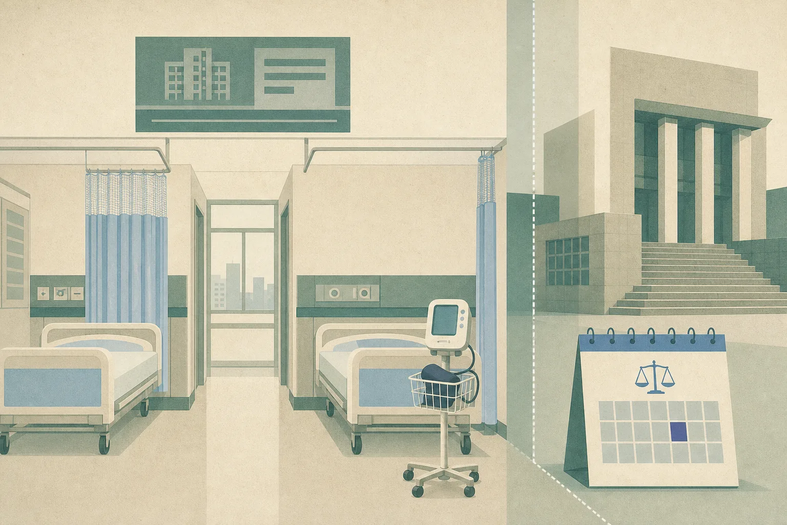 An empty simplified hospital ward shows two bed bays divided by a narrow passage, with a blood-pressure monitor at one side and a separate court-calendar panel dated 16 September 2026.
