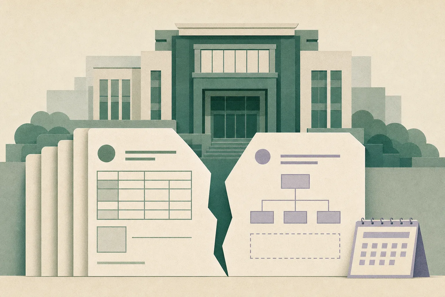 Flat cut-paper illustration of a simplified appellate court facade behind overlapping legal-document panels, with five paper tabs, a registration grid, an incomplete trust-deed panel and a calendar tile for 3 September 2026.