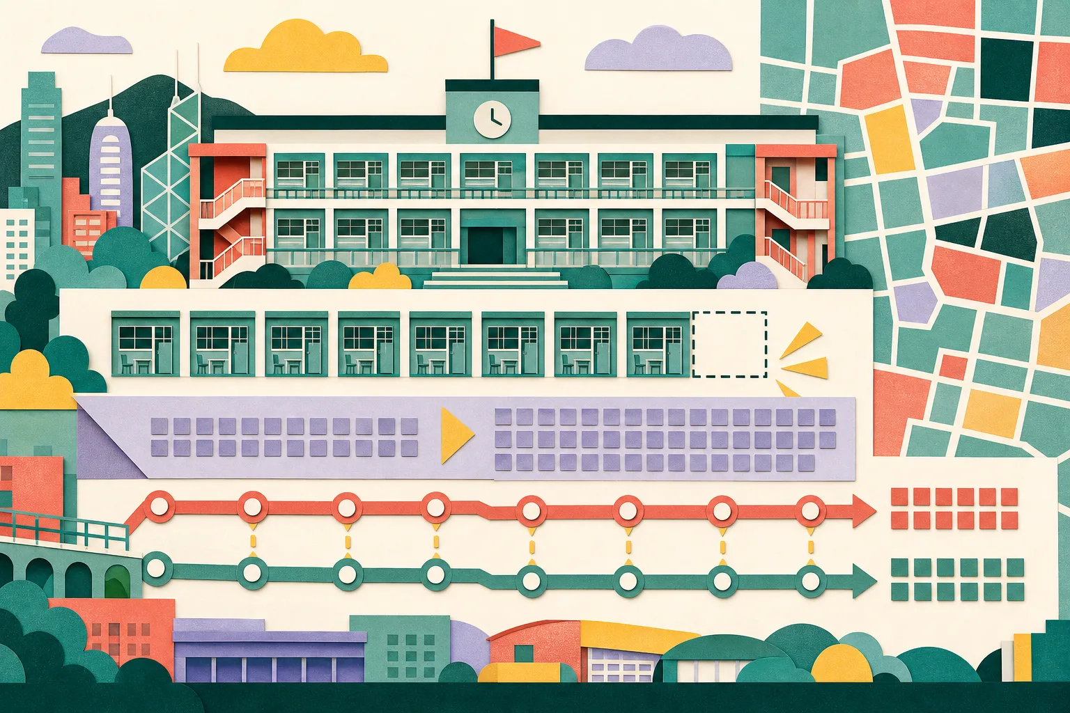 Cut-paper illustration of a Hong Kong primary-school façade made from modular classroom blocks, with some open spaces, a before-and-after block sequence, and two parallel data strips showing a small difference in reported class-reduction totals.