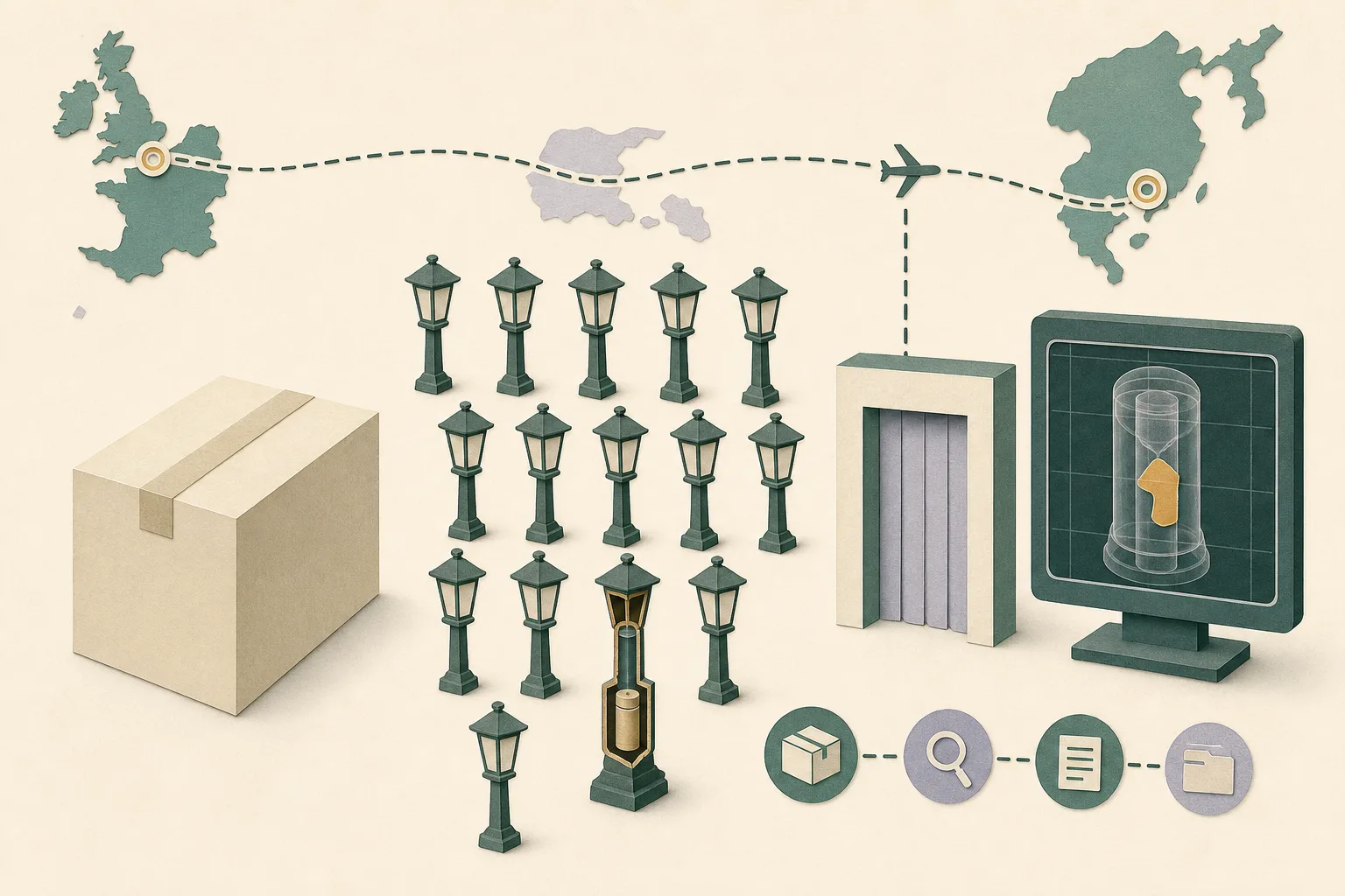 A restrained geometric diagram shows a sealed parcel beside seventeen simplified garden lamp posts, including one cutaway post with an internal compartment. A thin Belgium-to-Hong-Kong route line ends at an abstract X-ray inspection panel marked by an irregularity, followed by linked process nodes.
