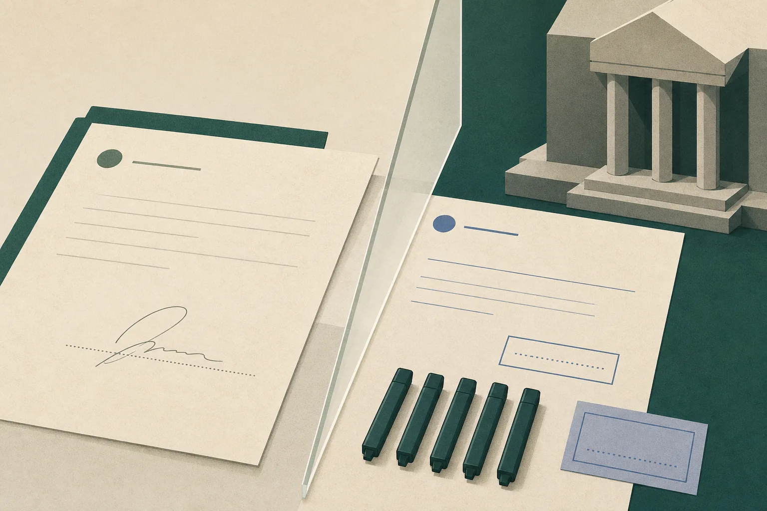 A restrained cut-paper still life showing blank legal and maternity-services documents separated by a translucent divider beside a simple courthouse block, with a small HK$50,000 notation and muted mineral-blue accents.
