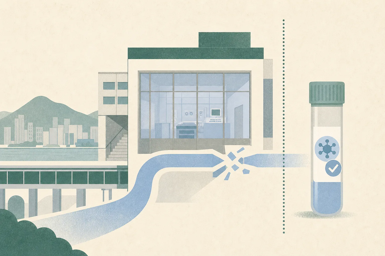 A flat cut-paper illustration of a hospital intensive-care wing, a sealed respiratory sample tube and a broken abstract airflow path, with no people shown.