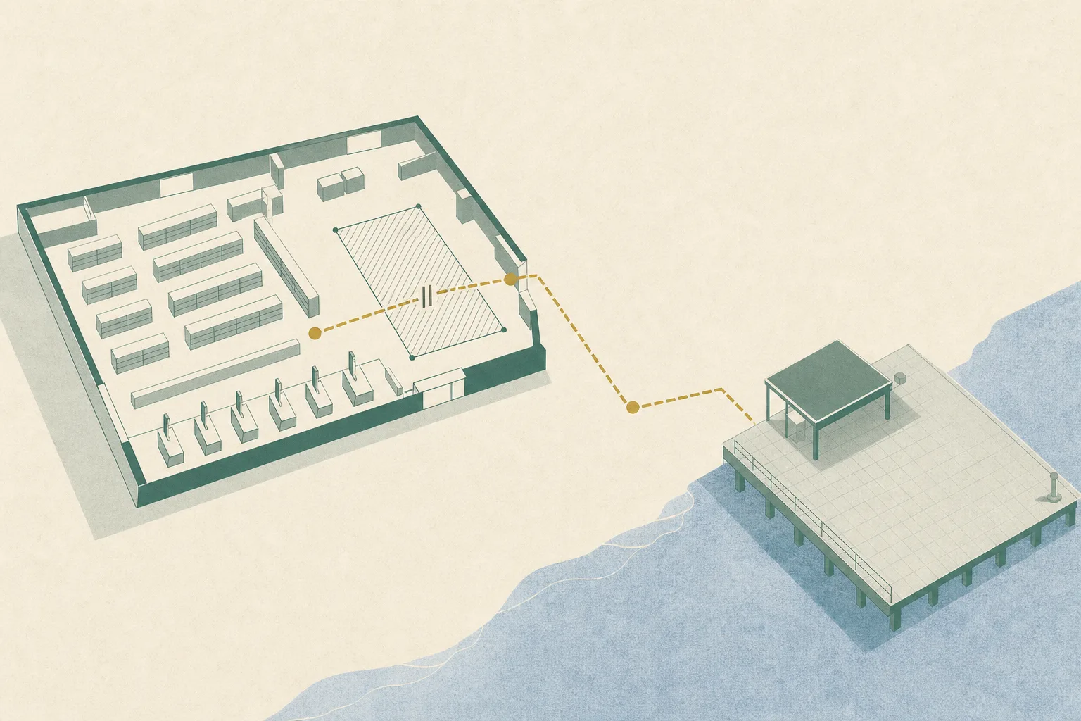 Abstract illustration of an empty supermarket floor plan connected by a segmented line to a quiet pier-side grid, with a screened rectangular privacy boundary and no people or recording devices.