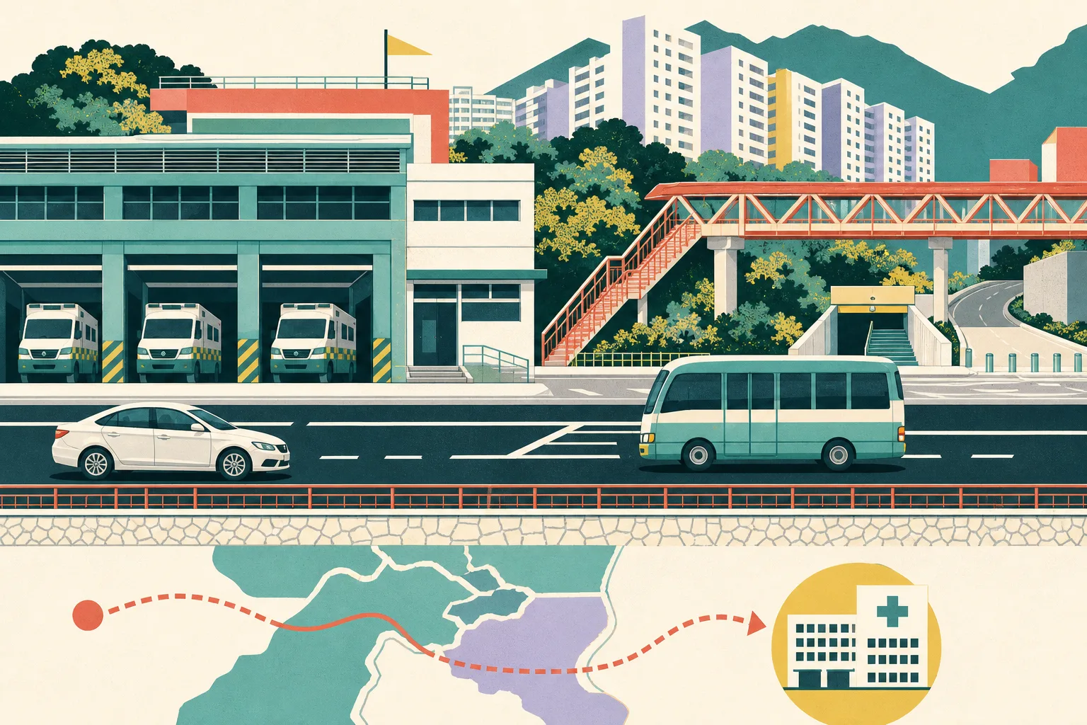 Flat cut-paper illustration of a Hong Kong road outside an ambulance-depot frontage, showing a private car and scheduled minibus separated along the roadway, with a distant footbridge and pedestrian subway and a small hospital route marker.