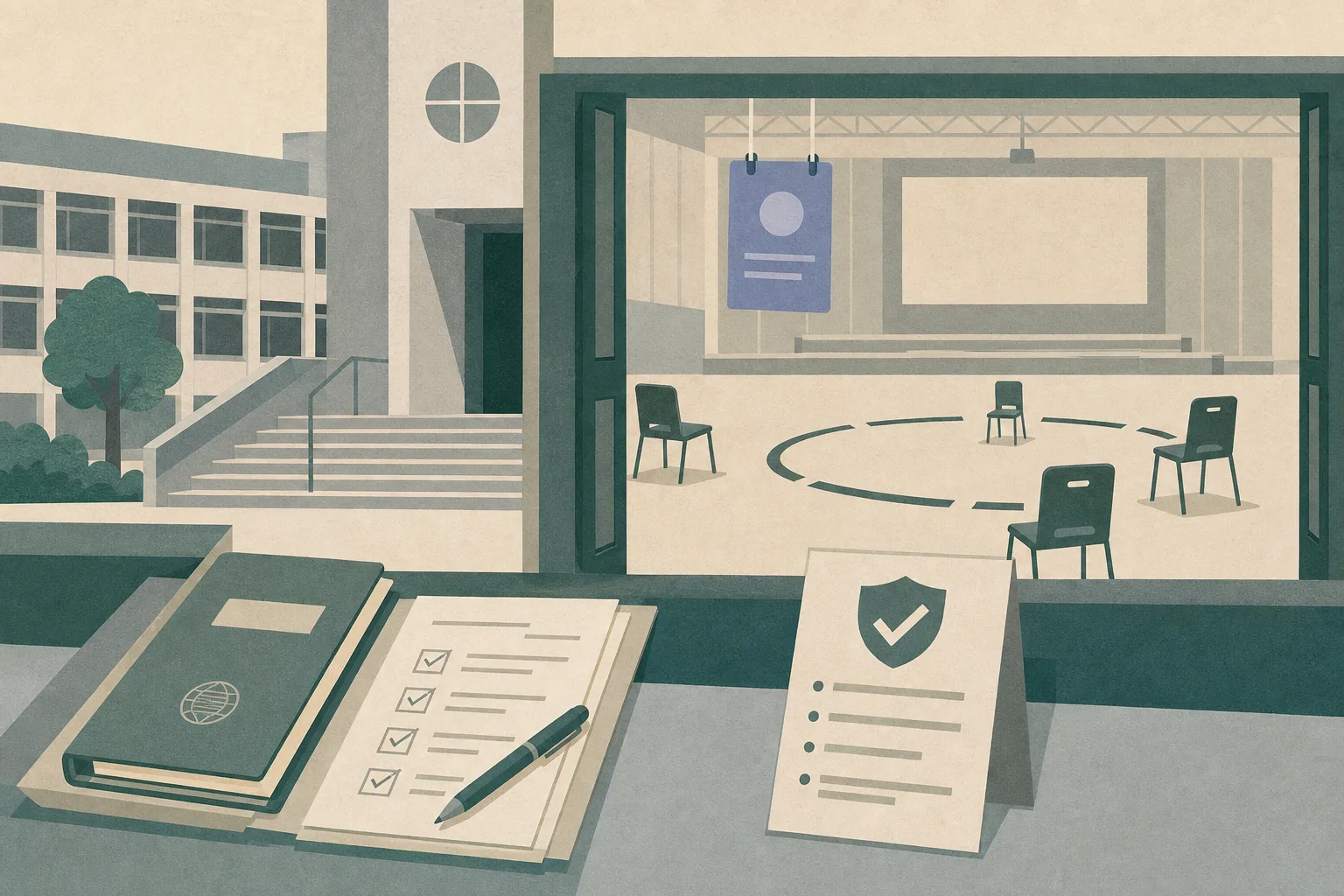 A flat cut-paper illustration of an empty university activity hall with separated chairs, an interrupted floor circle, a neutral event card, and an investigation folder beside a campus-guidelines notice.