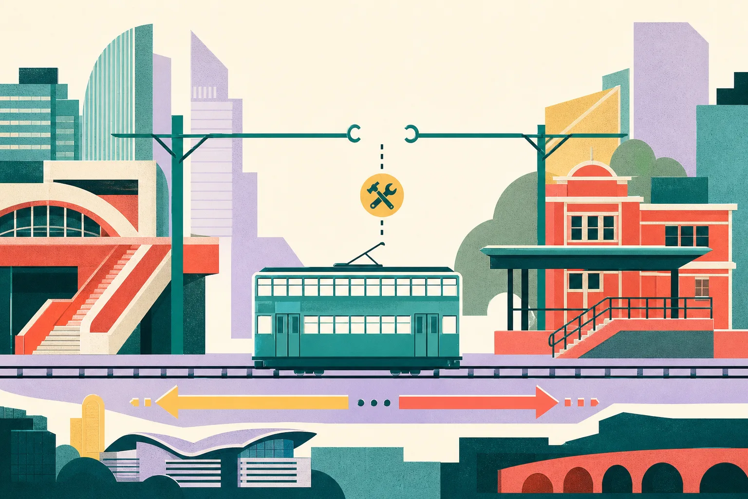 Flat cut-paper illustration of a Hong Kong tram on a two-way track between simplified urban station forms, with directional arrows and an interrupted overhead power line marked for repair.