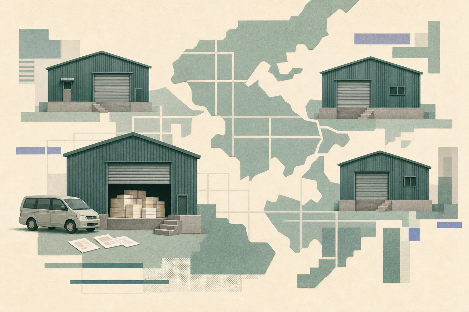 A cut-paper illustration of four separate closed corrugated storage units on a simplified Hong Kong spatial grid, with unbranded cigarette cartons visible in one shed and a small neutral vehicle with blank flyer rectangles nearby.