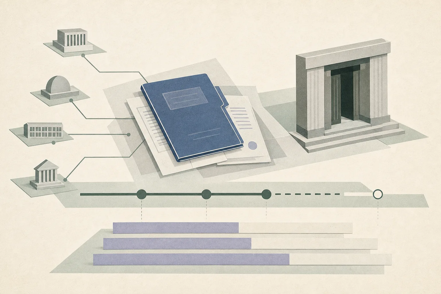 Abstract editorial illustration of layered court documents and a simplified courthouse doorway connected by thin institutional lines, with a broken timeline and an unmarked gap before sentencing.