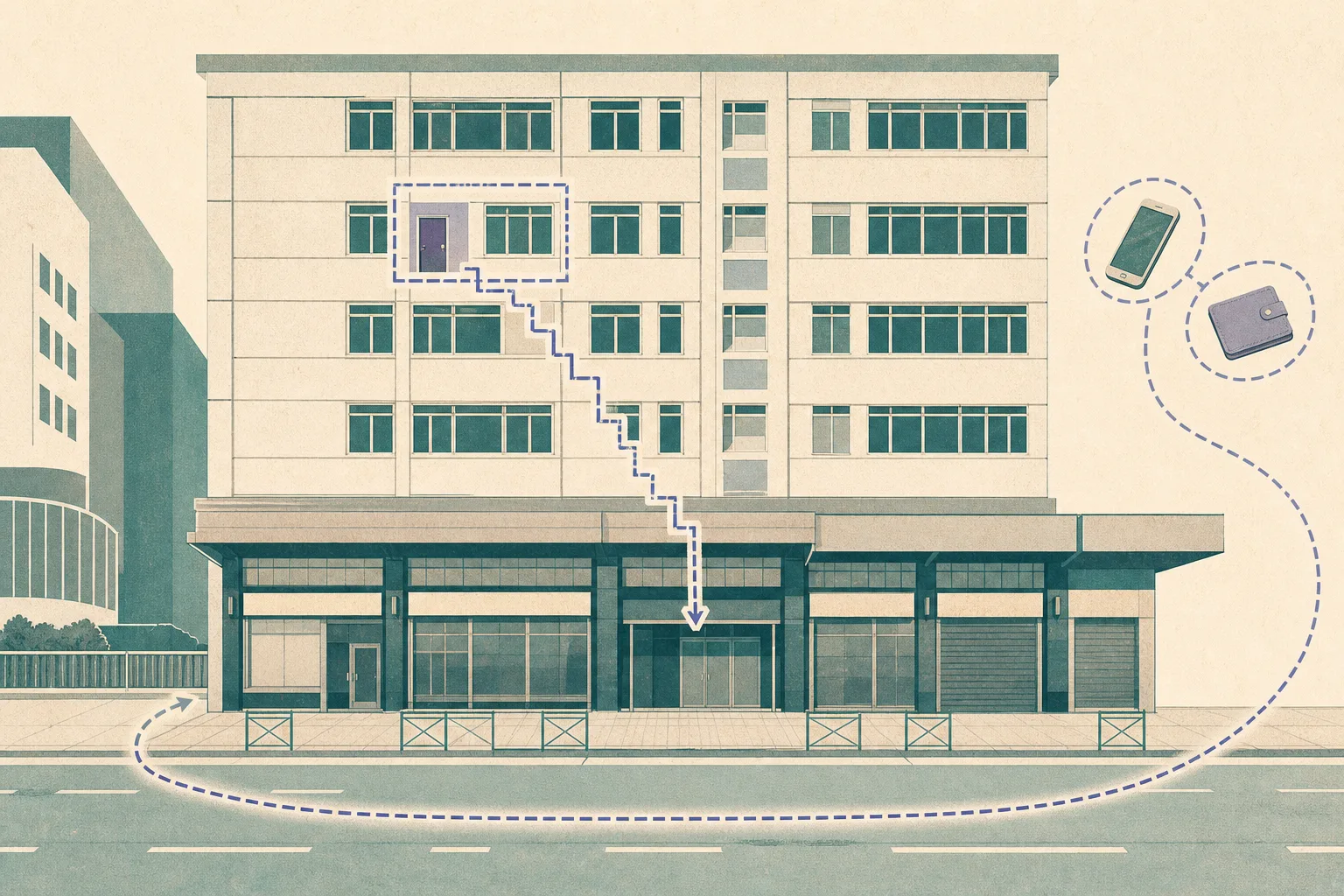 A simplified flat illustration of a Hong Kong building frontage with an indistinct upper-floor room boundary, a descending stair line, separate phone and wallet shapes, and an open search line around the street edge.