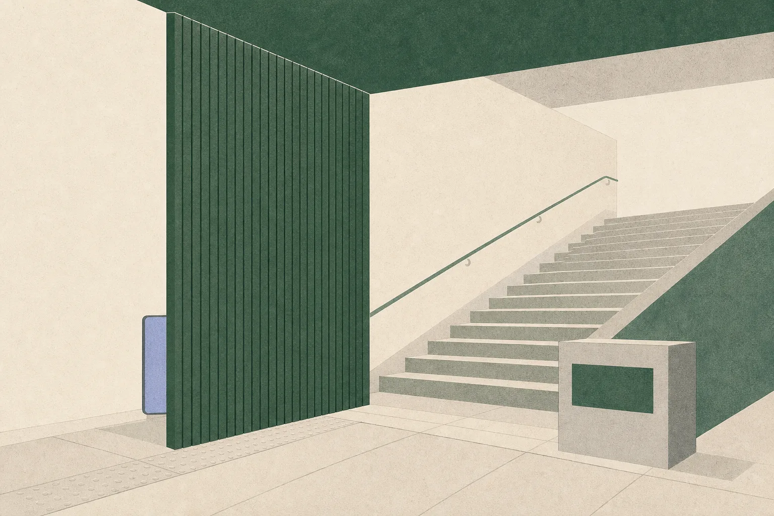 Abstract cut-paper illustration of a Mong Kok MTR staircase leading toward an E2 exit marker, interrupted by a blue privacy screen and a blank phone-shaped rectangle, with a small neutral court marker and restrained HK$5,000 notation.
