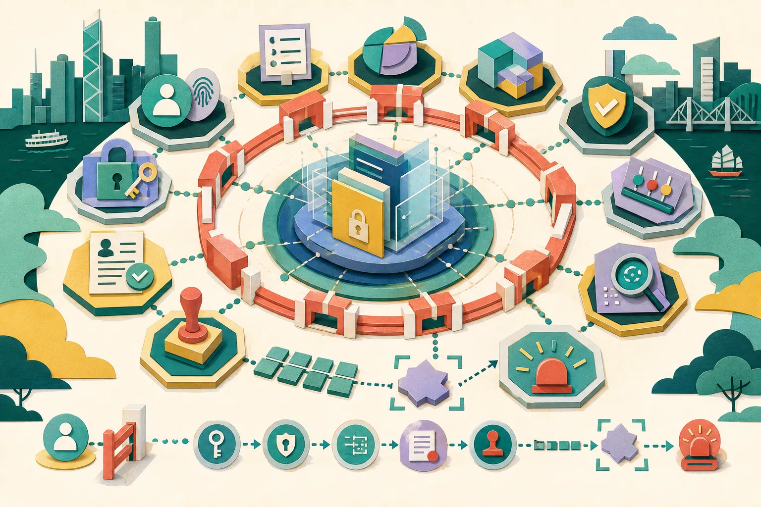 A cut-paper diagram shows a central blue data hub surrounded by twelve geometric control modules, access gates, layered security panels, an approval checkpoint, record marks and a small anomaly alert marker.
