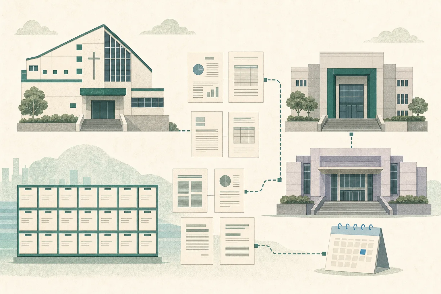A flat cut-paper illustration showing a church building and two courthouse buildings separated by a pale archival document grid, with 21 small filing marks and a neutral calendar marker for 12 October 2026; no people are shown.