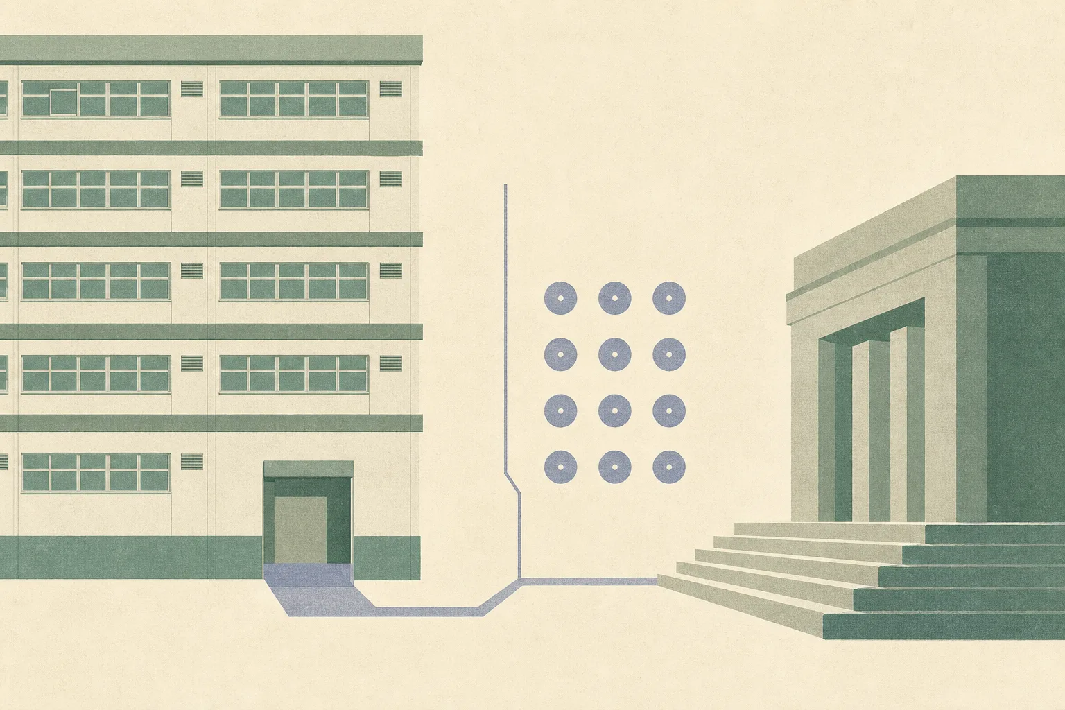 A simplified industrial-building facade connects through a thin boundary line to a neutral civic court block, alongside twelve evenly spaced markers representing a probation period.