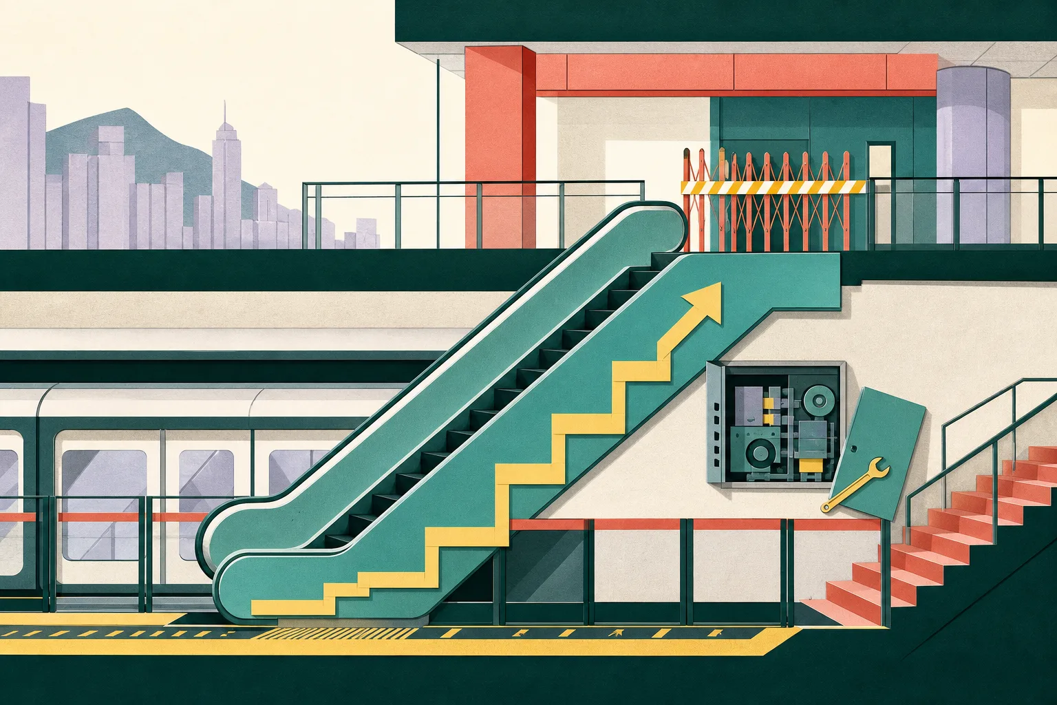 A cut-paper illustration of a Hong Kong MTR escalator connecting a lower platform to an upper concourse, with a temporary cordon interrupting access and a small maintenance inspection detail beside it.