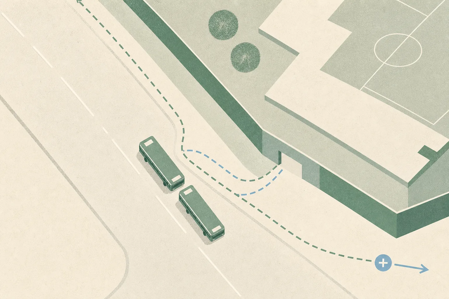 An abstract site diagram shows two simplified school-bus forms near a school boundary and road, interrupted by a narrow gap. A doubled route line marks uncertainty around the reported location, with a neutral line leading toward medical care.