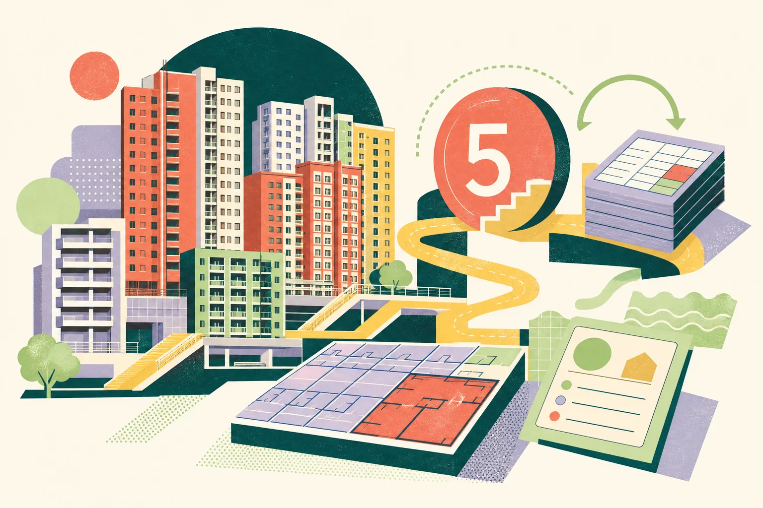 A cut-paper illustration of simplified Hong Kong subsidised-housing blocks beside a modular 5% marker, an abstract savings-account tile and geometric eligibility shapes, in coral, ochre, teal and blue.