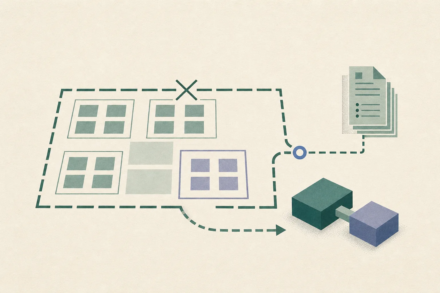 Abstract cut-paper diagram of a rectangular event plan with a closed boundary, separated geometric blocks, a filed report and a route leading to a review point, in mineral blue with muted grey and lavender accents.