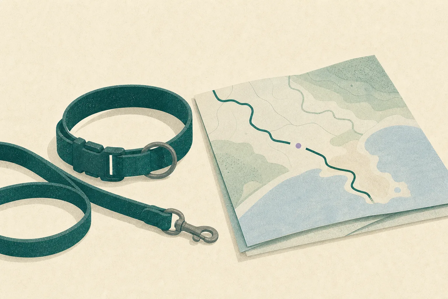 A muted paper-textured still life showing an empty dog collar and leash beside a folded abstract running map with a broken route line and small hillside and beach colour blocks.