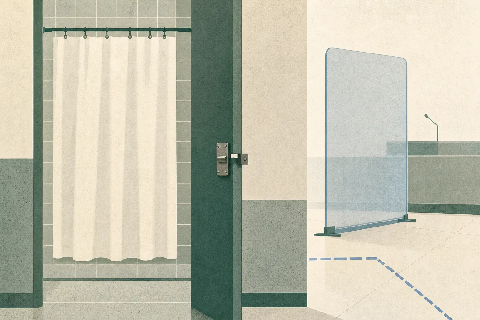 Abstract architectural illustration of a closed shower curtain beside a misaligned door latch, with a translucent courtroom screen shape and interrupted boundary lines in pale stone and muted blue.