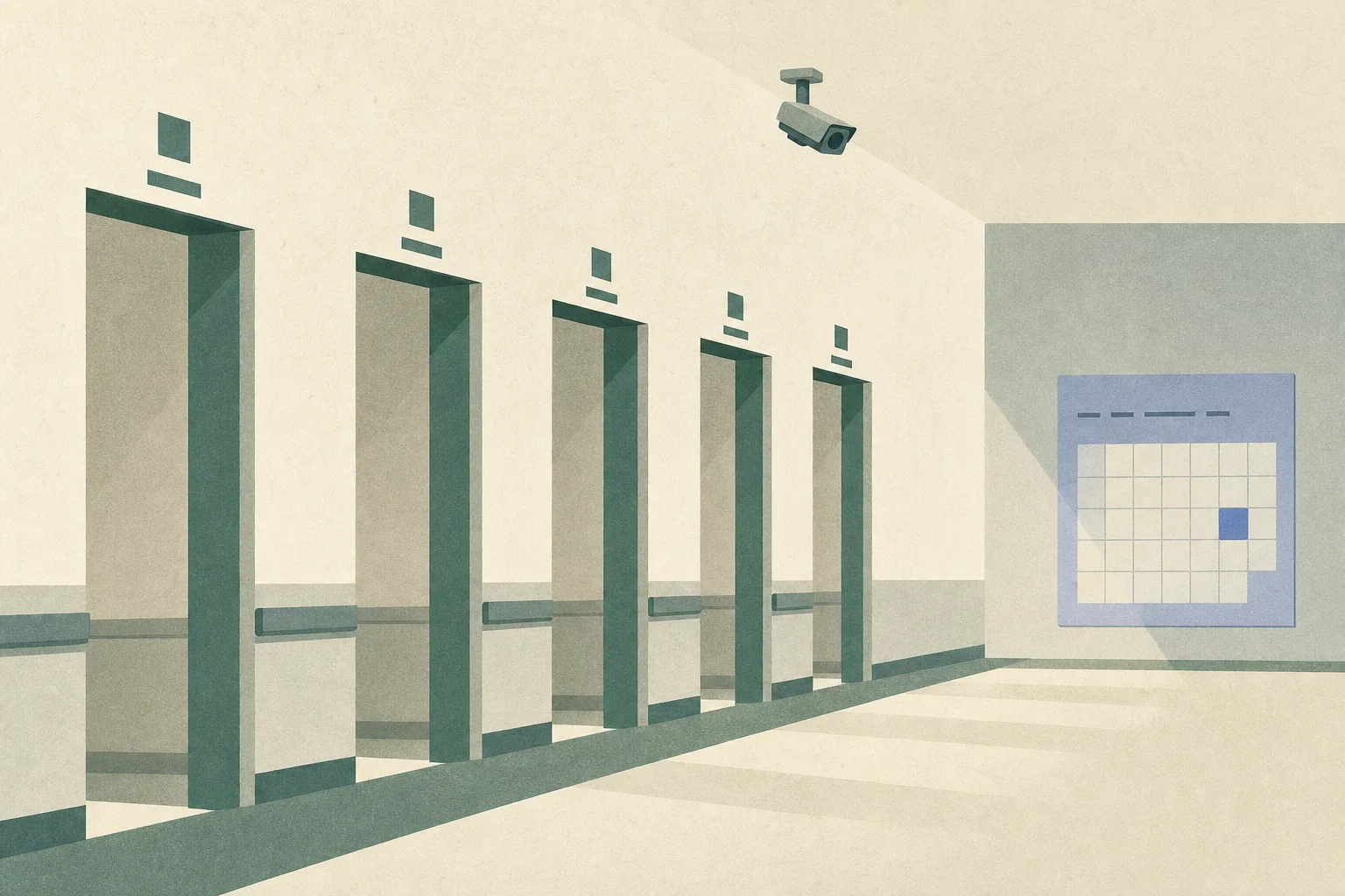 Abstract illustration of an empty residential-care corridor reduced to flat architectural planes, with five separated doorways, a small ceiling CCTV camera and a detached court calendar panel indicating 14 October 2026.