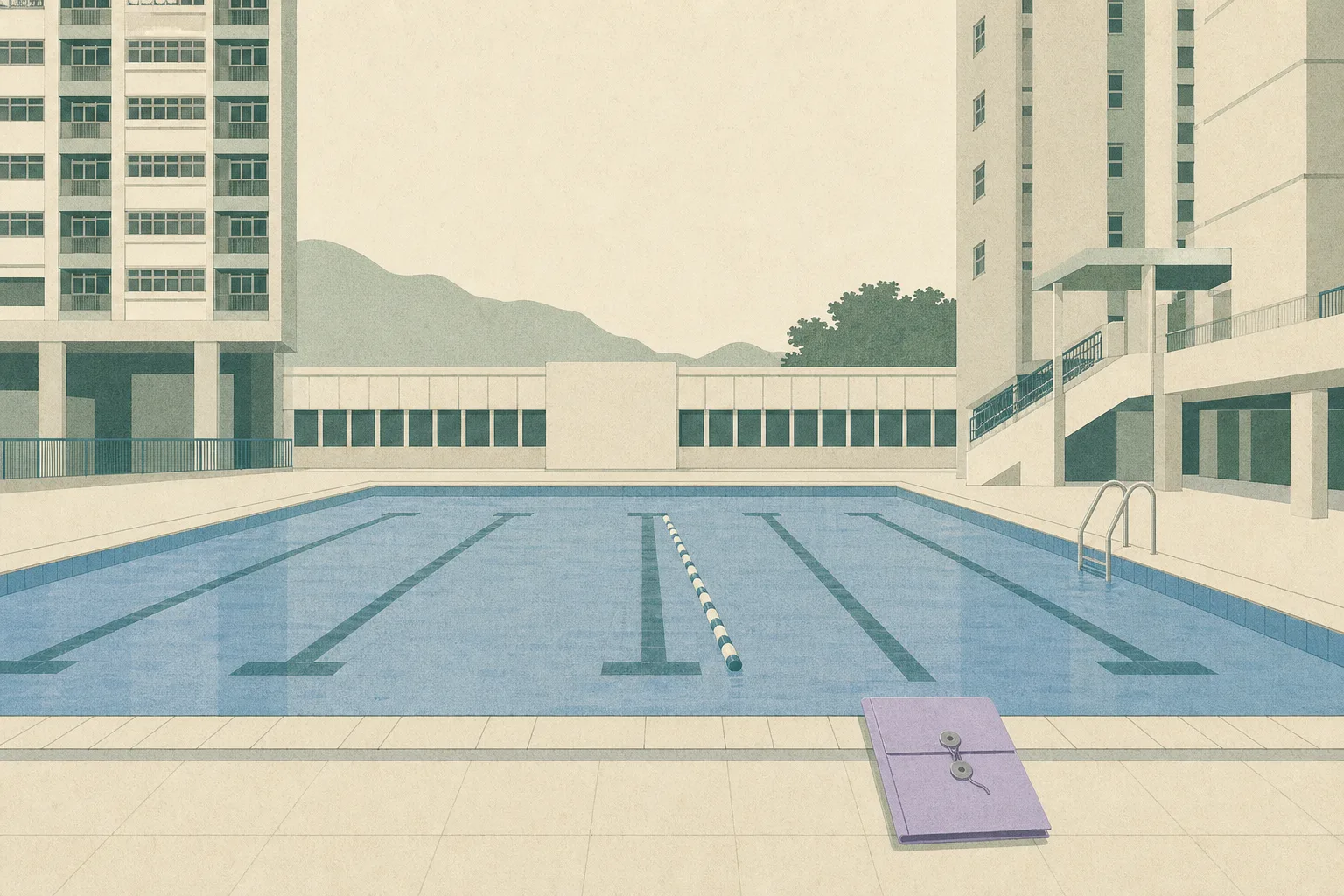 A flat cut-paper illustration of an empty communal swimming pool framed by simplified residential buildings, with still blue water, an interrupted lane line and a closed folder on the pool deck.