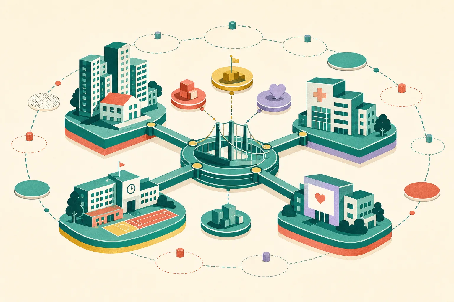 Abstract cut-paper civic diagram showing four service-area modules linked through a central resource hub, with smaller adjustable nodes around the perimeter and a balanced palette of dusty teal, soft coral, muted ochre and mineral blue.