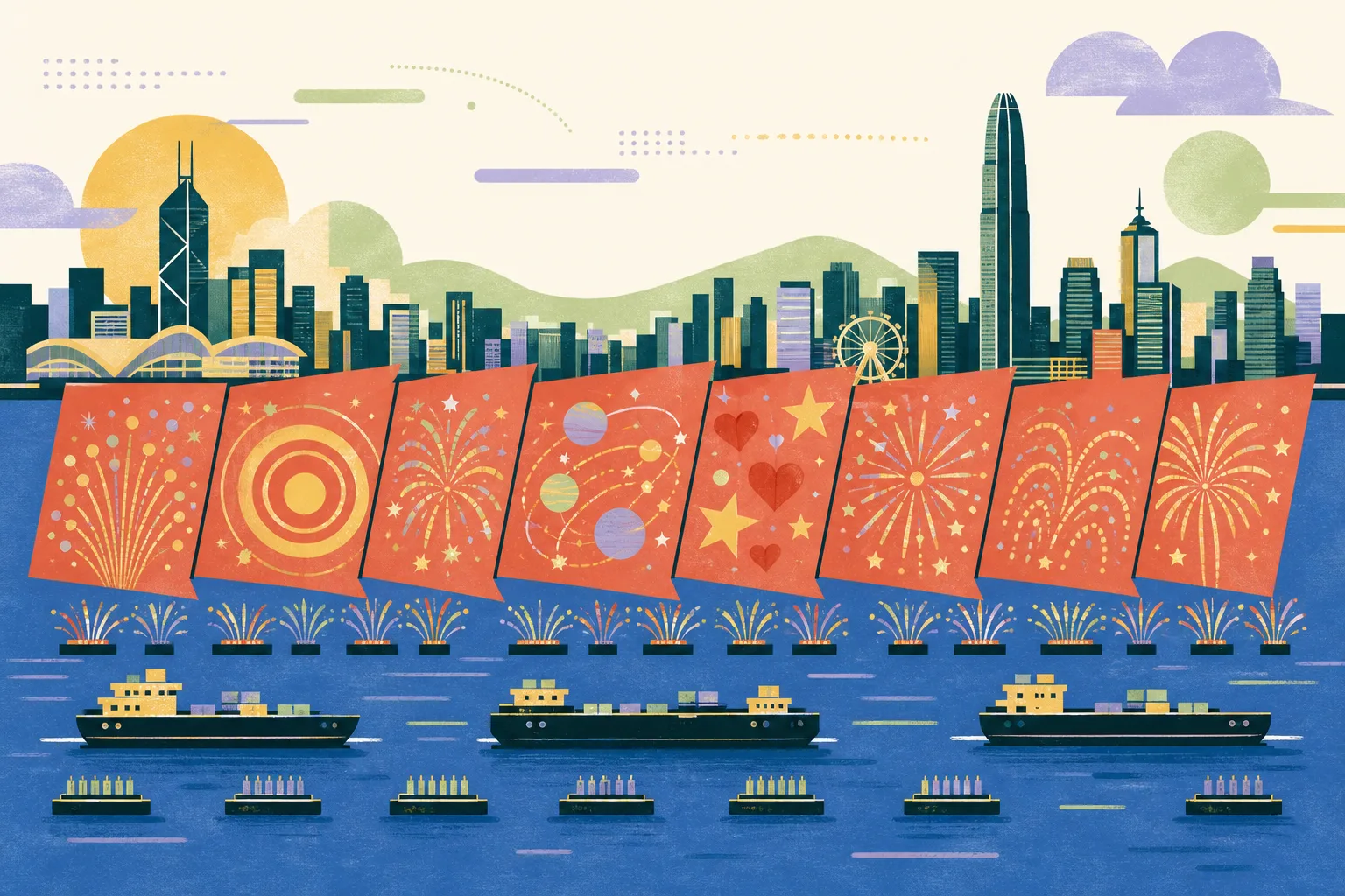 Flat cut-paper illustration of Victoria Harbour with nine simplified launch platforms beneath a broad geometric fireworks screen divided into eight sections, including gold and red sun rings, orbiting stars, coloured spheres, red hearts and yellow stars.