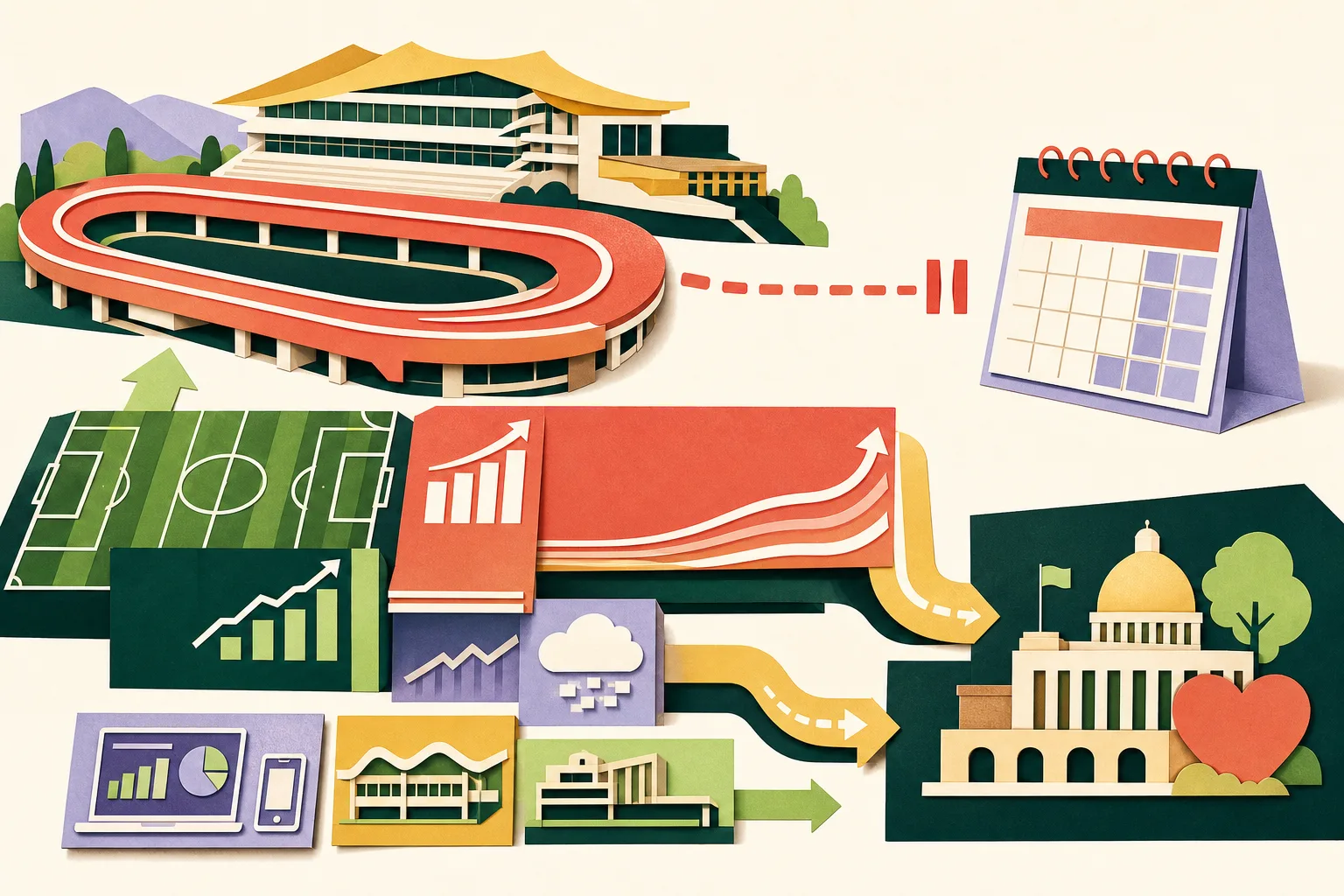 A flat cut-paper collage shows a simplified racecourse and grandstand beside a football-field grid, layered financial blocks labelled HK$331.7 billion, +3.6%, HK$179 billion and HK$39.3 billion, and an offset October calendar tile separated from the racecourse by a clear gap.