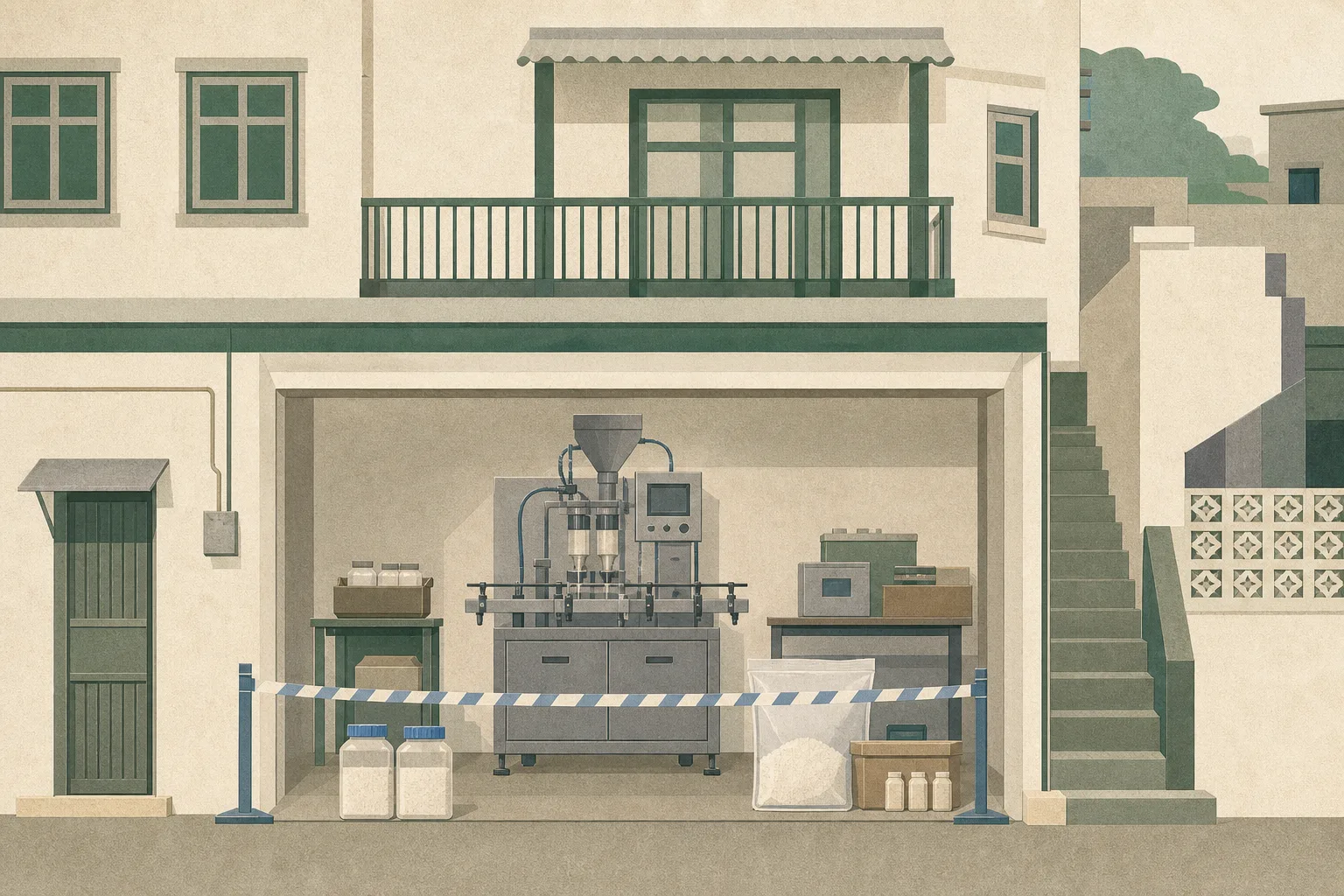 A flat cut-paper illustration of an anonymous village-house workshop unit with an inactive industrial filling machine, sealed unlabelled containers and a pale evidence boundary separating the interior space.