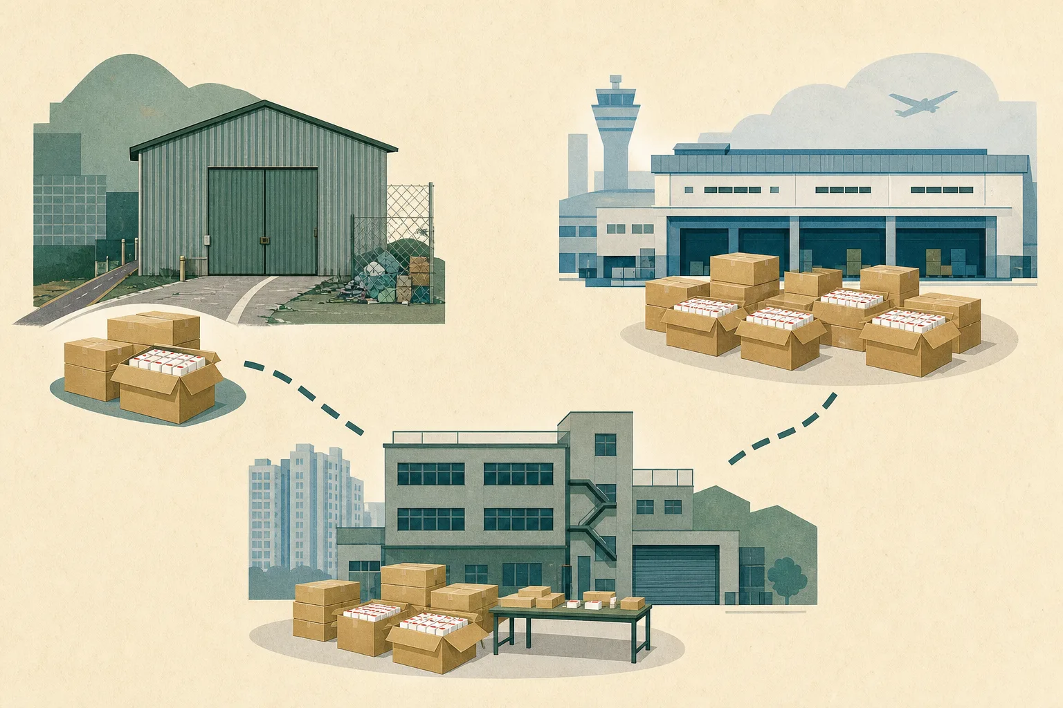 A flat cut-paper illustration shows a nearly sealed metal shed beside a narrow road, a logistics-site structure with plain cartons, and an industrial-building unit with stacked cartons, linked by a broken abstract route.