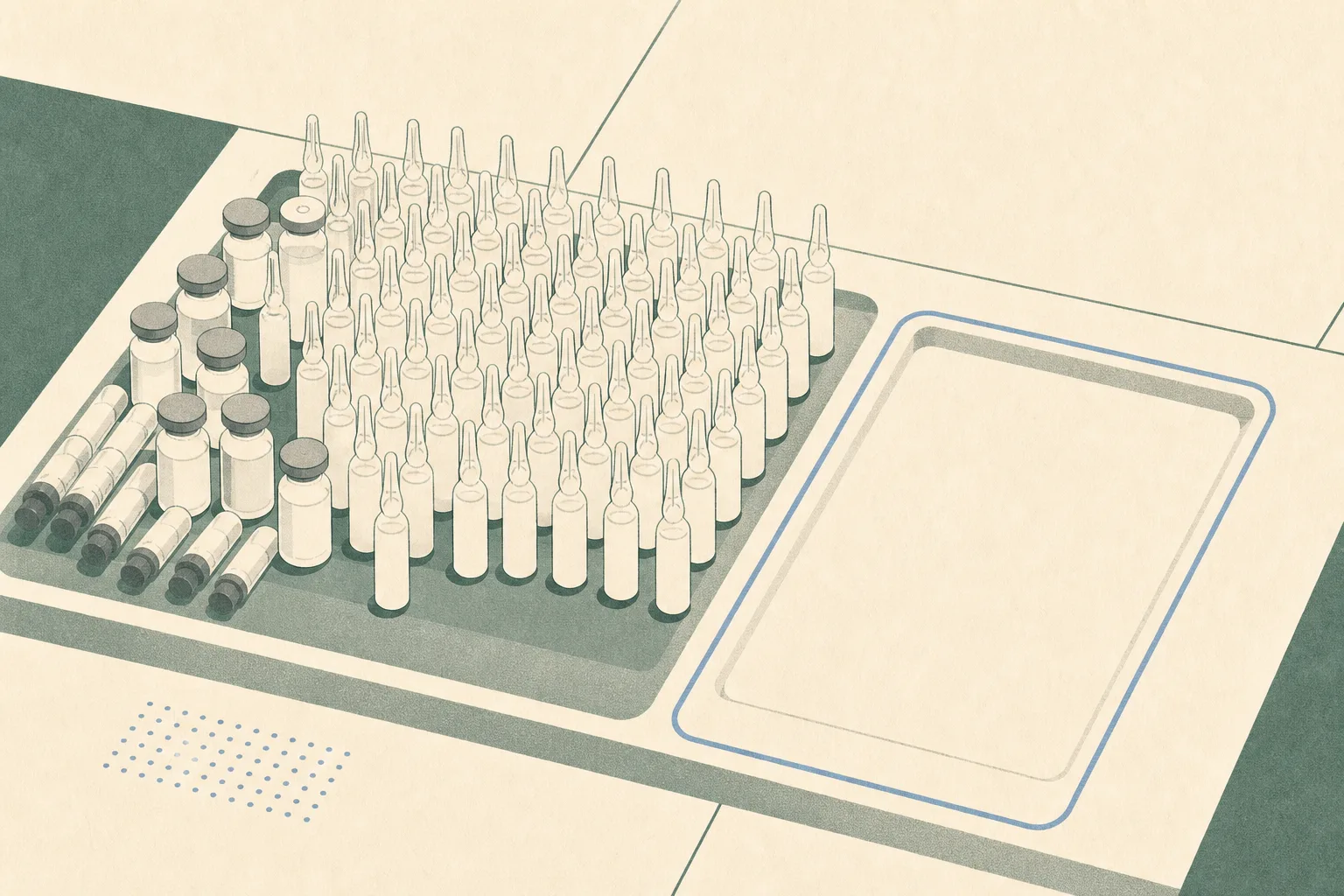 A sparse cut-paper still life shows a grouped set of generic unlabelled injection forms beside an empty outlined compartment on a neutral evidence tray, with a subtle regulatory grid in the background.