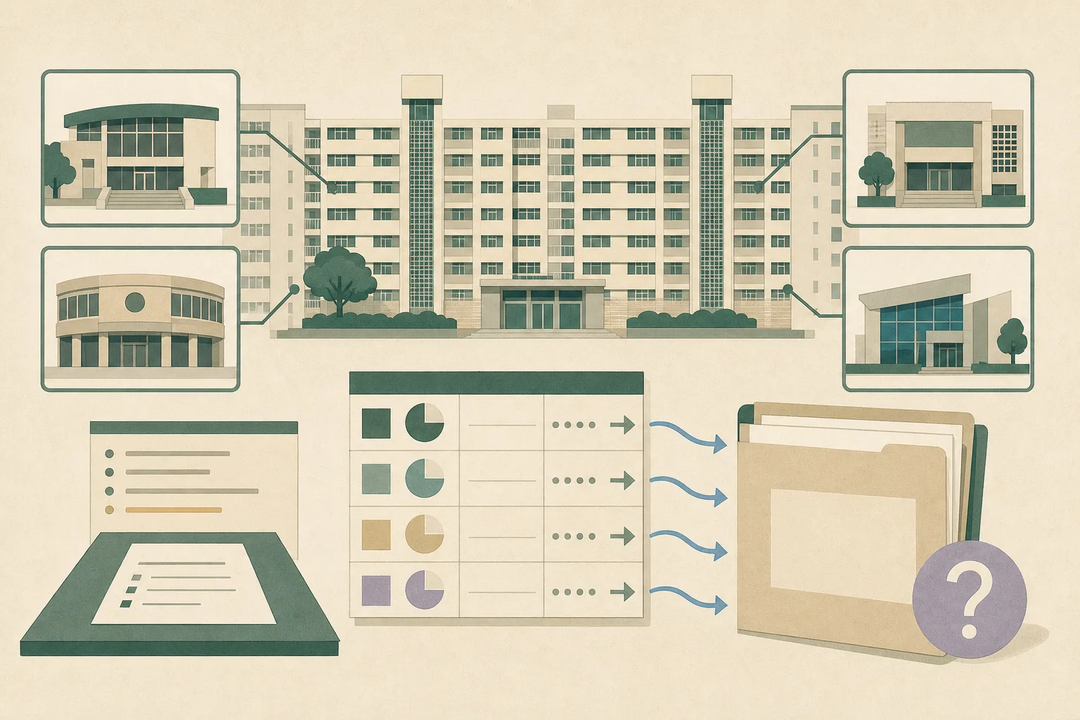 Flat cut-paper illustration of a residential estate linked to four civic-venue panels, with an abstract refund ledger and a partly blank document folder suggesting an owners’ meeting, payments and unresolved reports.