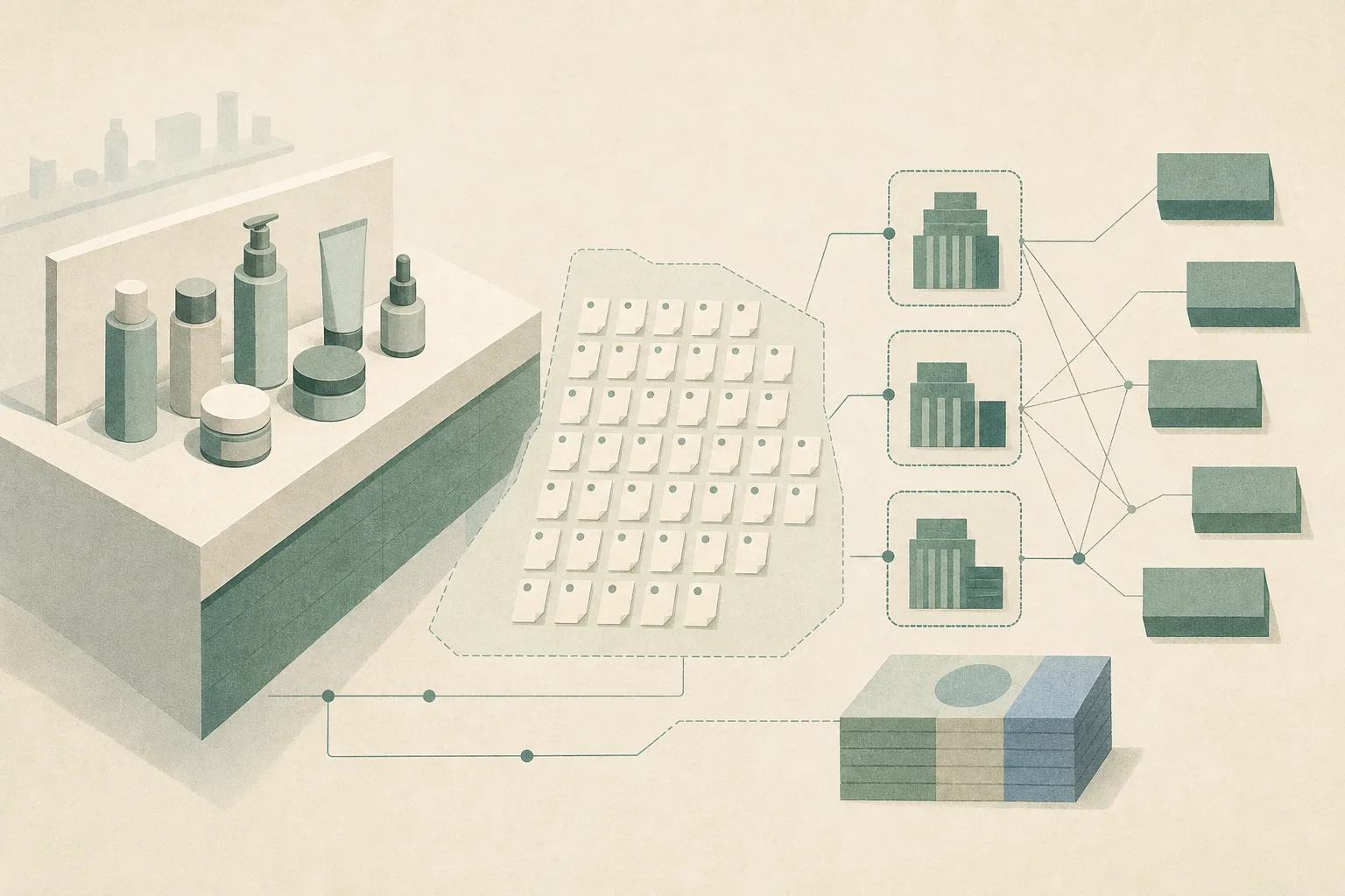 An abstract screen-printed investigation diagram shows a neutral beauty-retail counter with generic cosmetic containers, thirty-eight small complaint markers, three outlined administrative nodes and fine lines linking to unlabelled company blocks behind a translucent boundary.