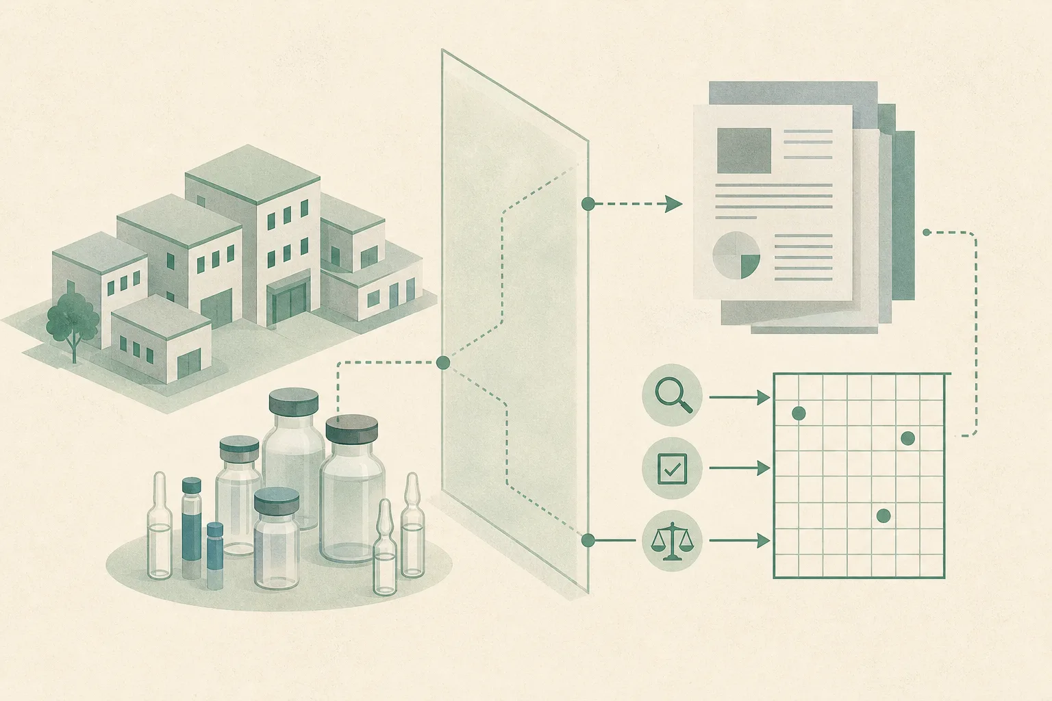 Editorial diagram showing simplified medical-centre blocks, grouped unlabelled containers, document sheets and an inspection grid separated by a translucent boundary in muted blue, ochre and dusty teal.