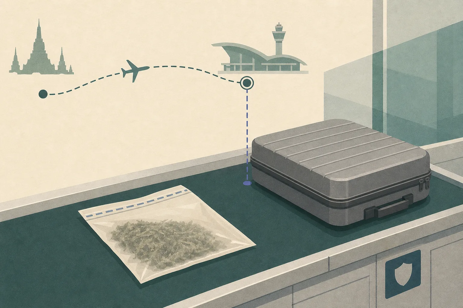 A people-free airport customs examination surface with a closed suitcase, an unmarked sealed evidence pouch containing indistinct botanical material, and a simple Bangkok-to-Hong Kong route line ending at an inspection boundary.