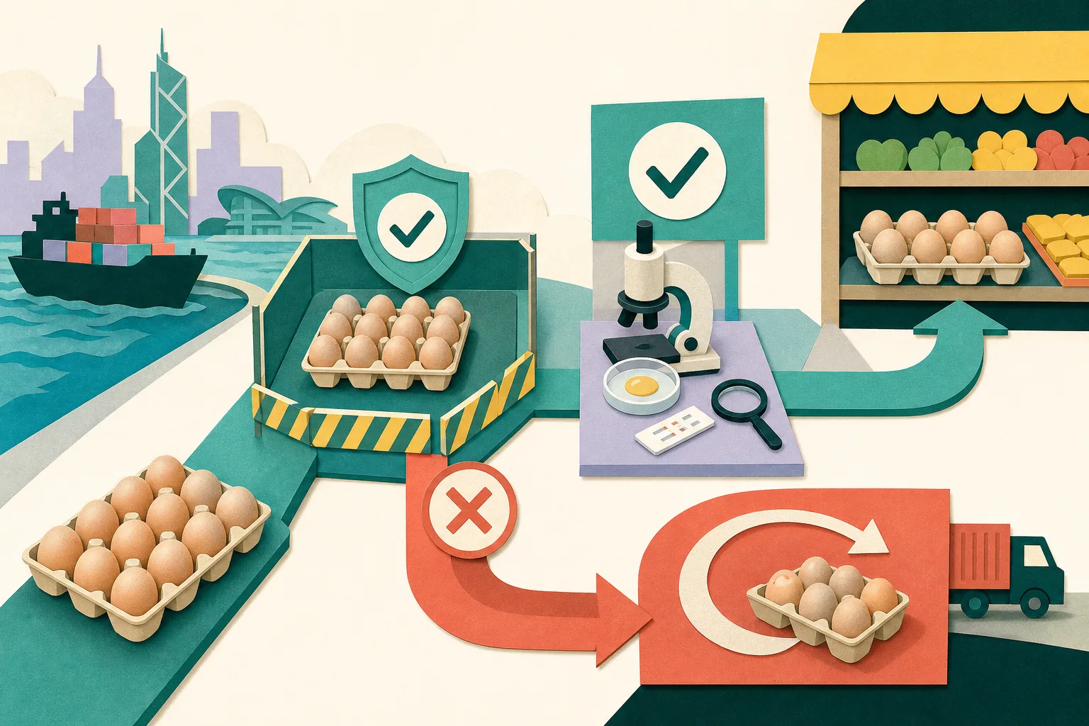 A cut-paper diagram shows plain eggs in a tray entering a Hong Kong inspection checkpoint, pausing in a holding area for laboratory testing, while a separate cleared path leads toward a simplified market shelf and another arrow returns a batch for recall.